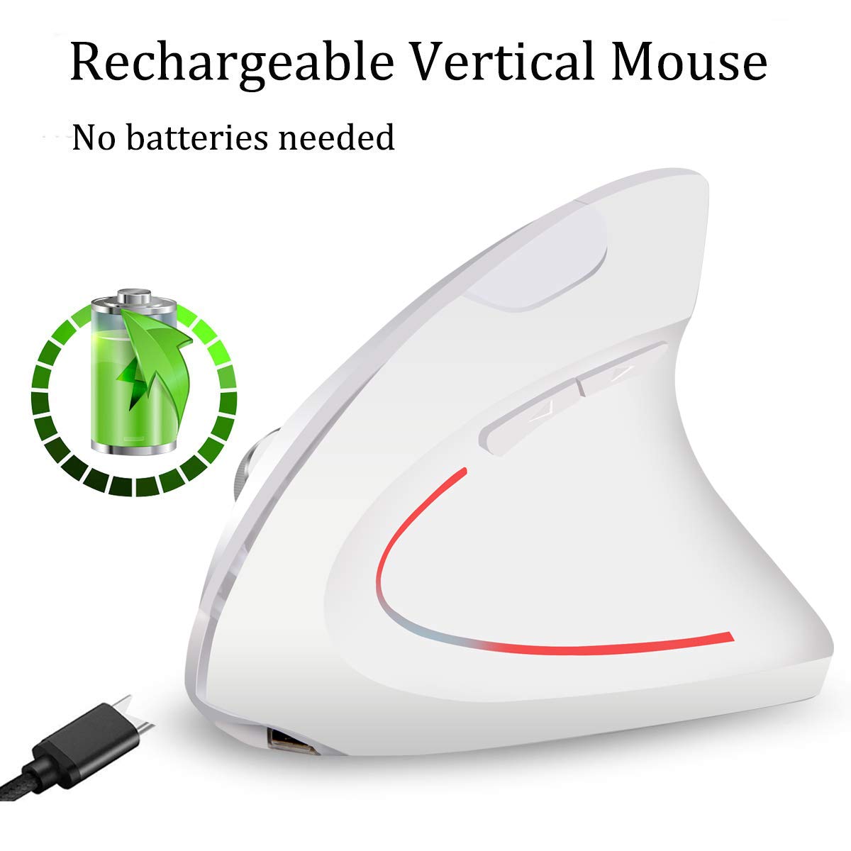 Wireless Ergonomic Mouse 2.4G Rechargeable Vertical Mouse with USB Receiver, 800/1200/1600 DPI, 5 Buttons for Laptop, PC, MacBook - White | Comfortable for Office Work, Gaming & Long Computer Use