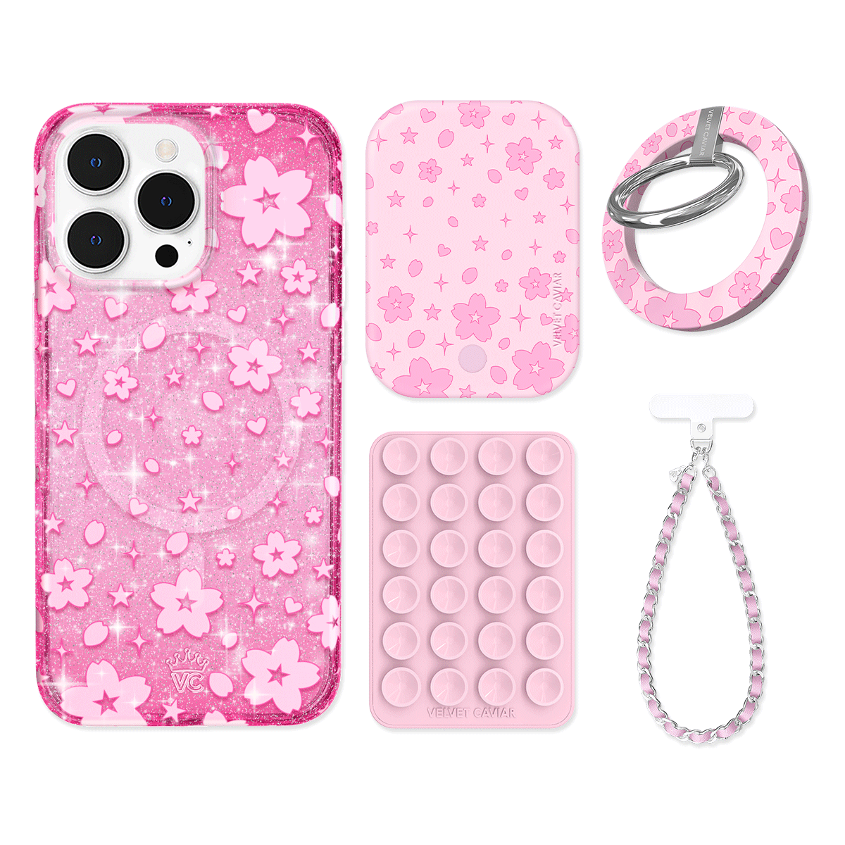 Cherry Blossom Glitter iPhone Case with Grip - Cute Floral Phone Cover for iPhone 13/14/15 Pro Max - Non-Slip Shockproof Protection - Perfect for Daily Use, Travel & Selfies