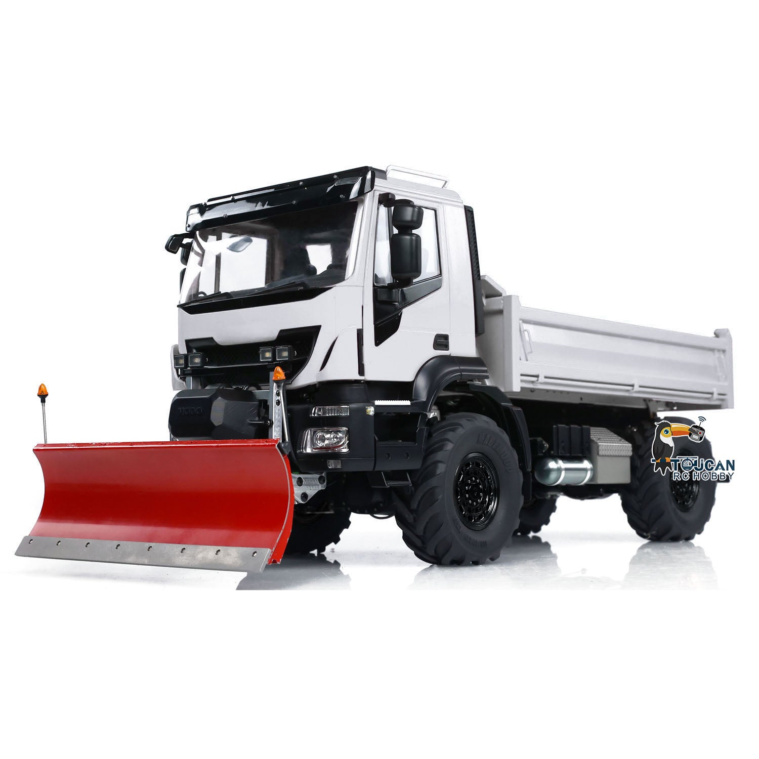 1/14 Scale 4x4 Metal RC Hydraulic Dump Truck with Remote Control - Snow Plow & Tipper Function, FlySky ST8 Controller, LED Lights & Sound Effects - Perfect for Construction Play, Winter Snow Removal & Off-Road Adventure