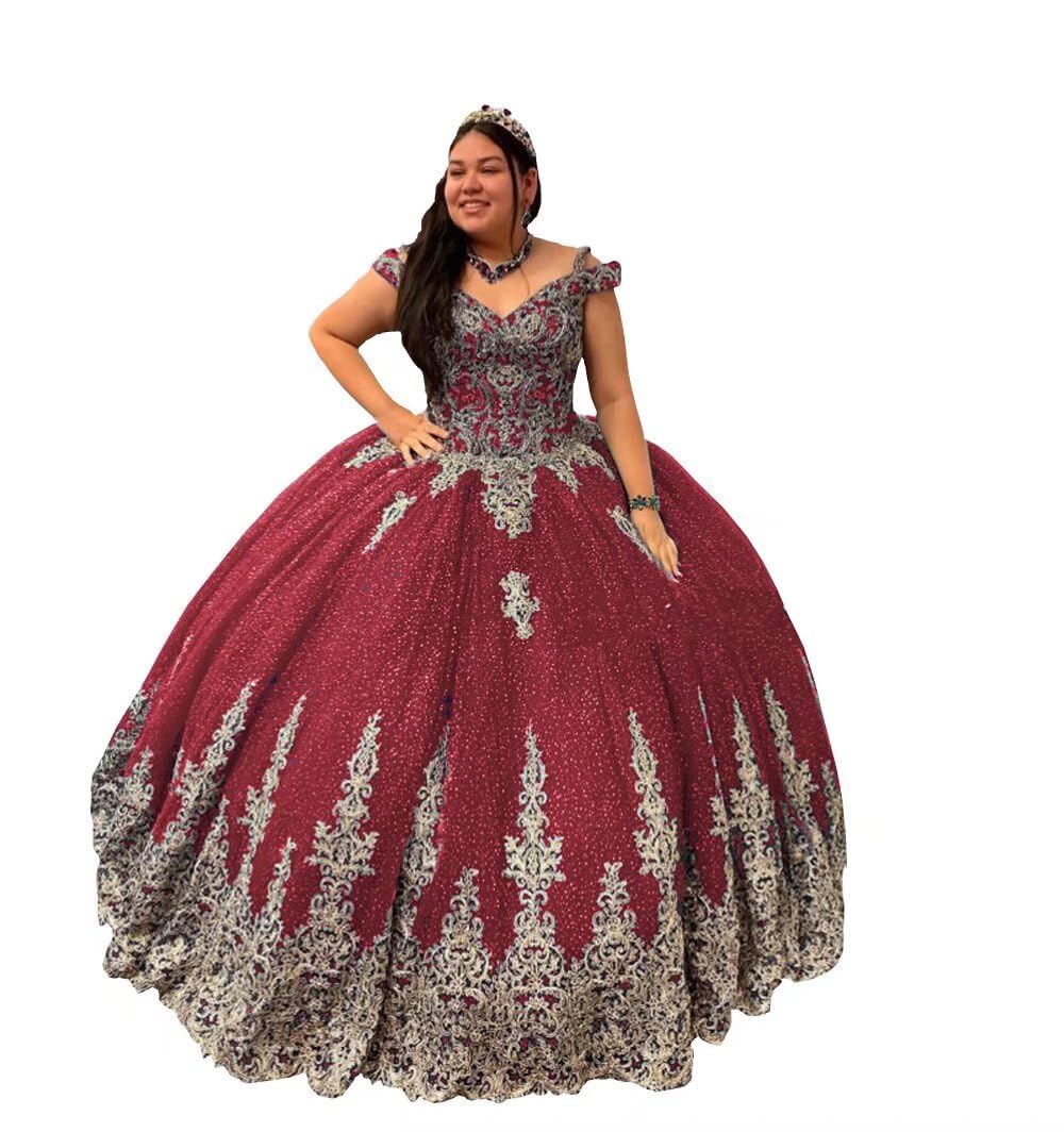Sparkling Gold Glitter Tulle Applique Cold Shoulder Quinceanera Dress for Sweet 16 & Prom - Elegant Ball Gown for Teen Girls 2025 | Perfect for Quinceañeras, Birthday Parties, Homecoming & Formal Dances