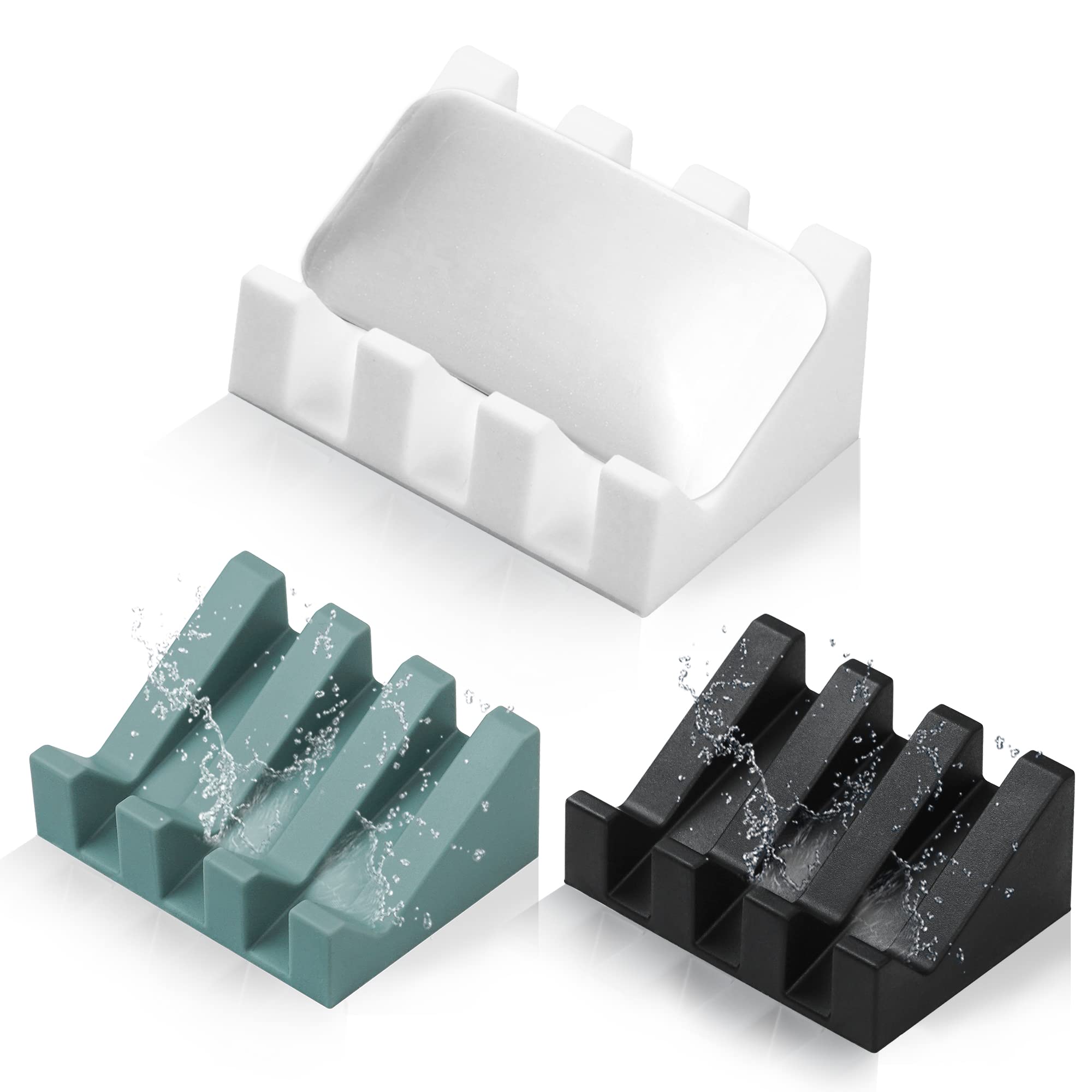 Non-Slip Silicone Soap Dish with Drain Holes - Waterfall Design Soap Holder Tray for Shower, Bathroom & Kitchen - Durable Soap Saver Organizer (3-Pack, White/Green/Black) - Perfect for Bathroom Countertops, Shower Shelves & Kitchen Sinks