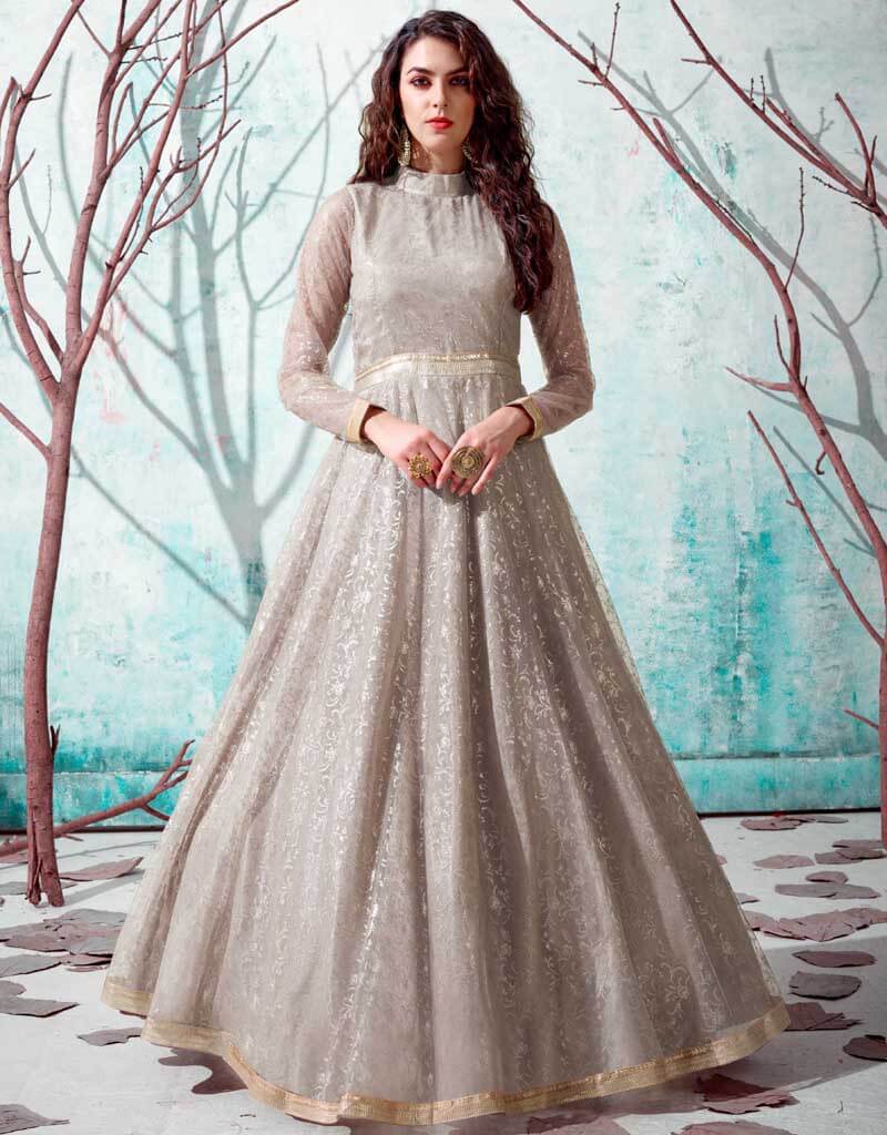 Elegant Beige Net Anarkali Suit for Women - Traditional Indian Party Wear for Weddings, Festivals & Special Occasions
