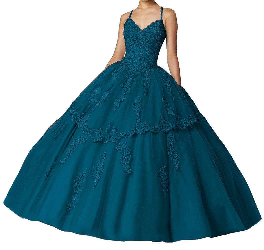 Emmani Women's Sweetheart Quinceañera Dress with Lace & Crystal Appliques - Ball Gown for Sweet 16, Prom, or Formal Events in Stunning Sea Blue