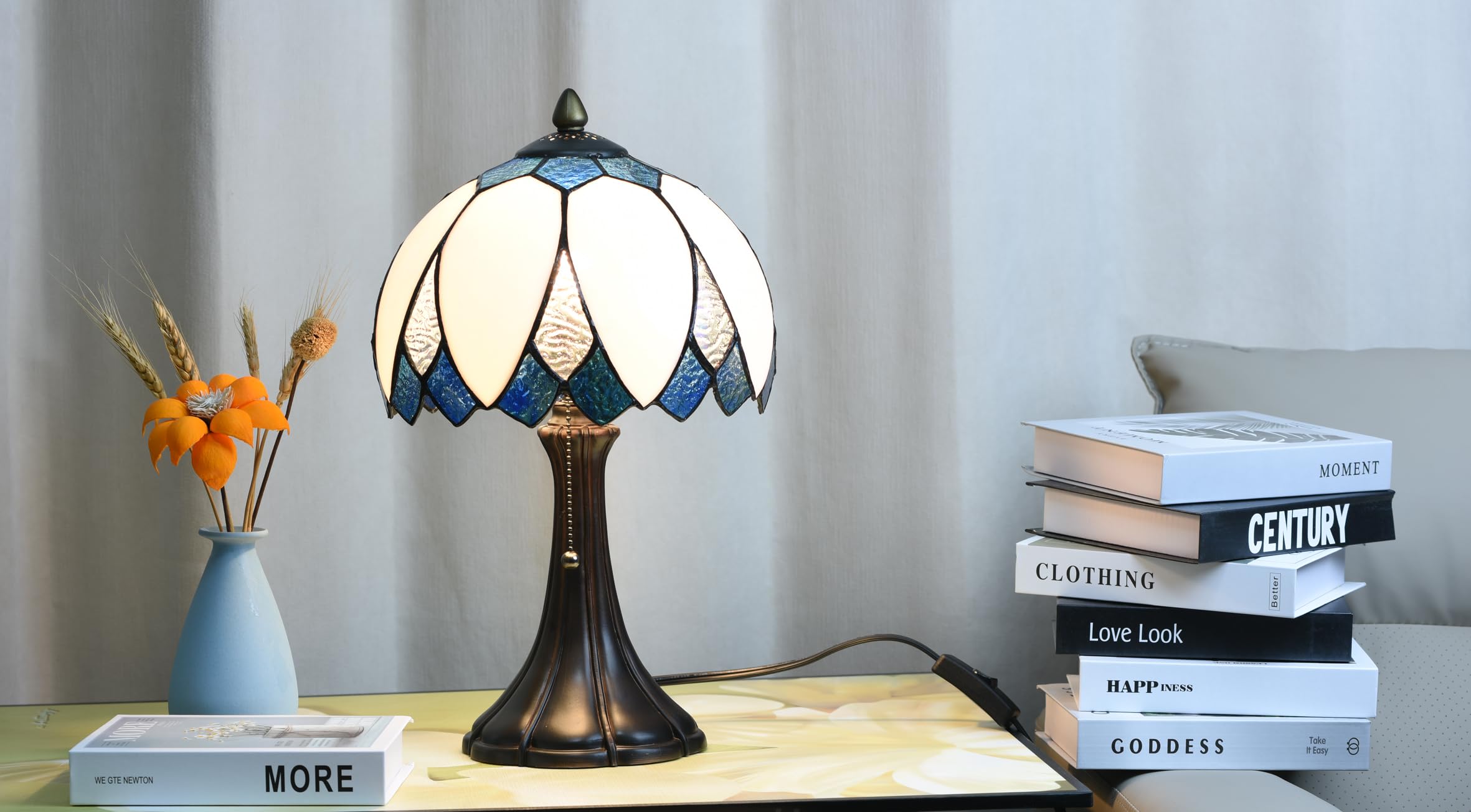 Tiffany Style Blue & White Lotus Table Lamp - 9.5x16.5 Inch Stained Glass Bedside Lamp with Bendable Shade for Reading - Perfect for Bedroom, Living Room & Home Office Decor | Romantic Ambiance Lighting
