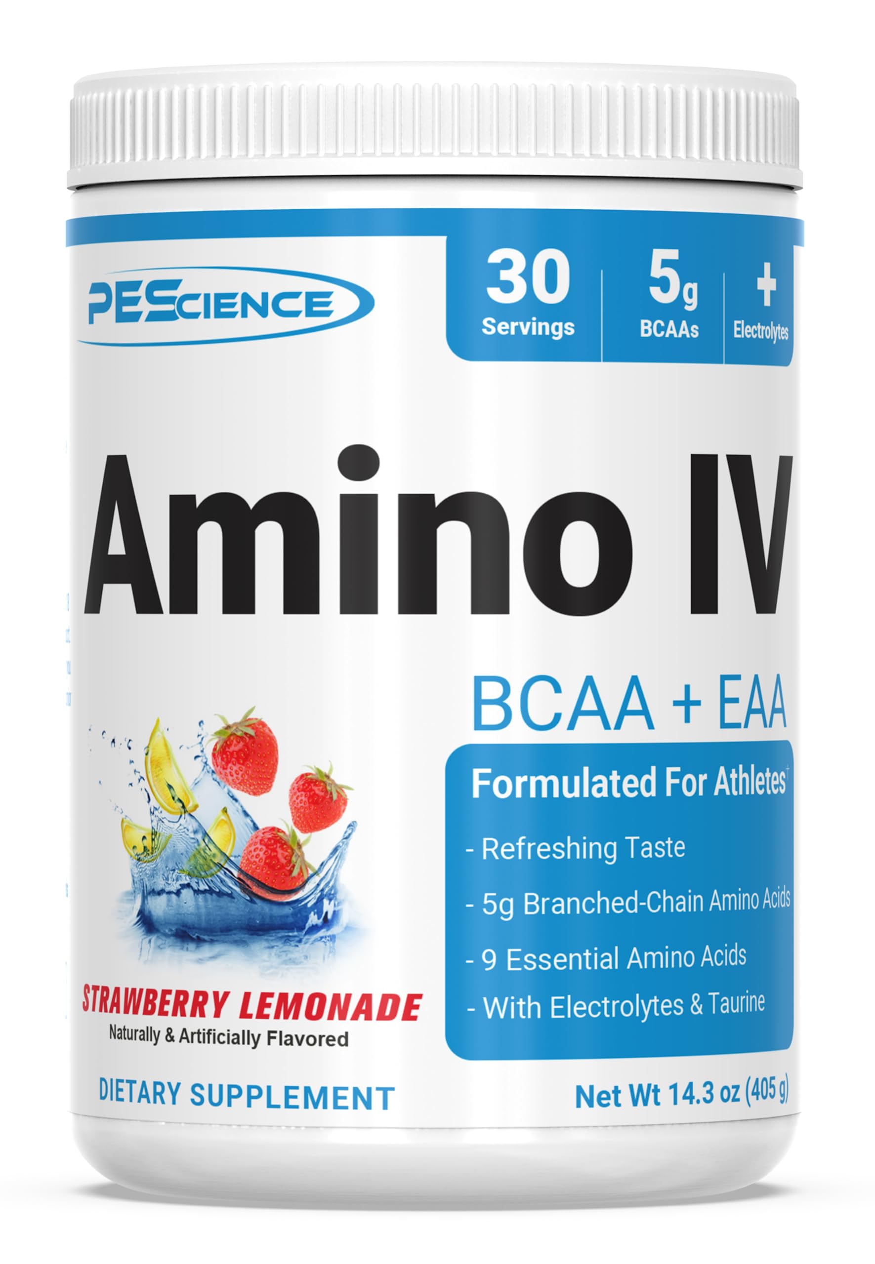 PEScience Amino IV BCAA & EAA Powder - Strawberry Lemonade Flavor, 60 Servings | Essential Amino Acids, Taurine & Electrolytes for Hydration & Muscle Recovery | Sugar-Free Supplement for Men & Women | Perfect for Post-Workout Recovery & Active Lifestyle