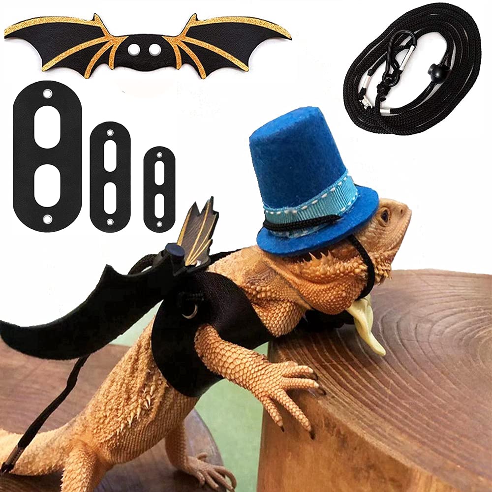 Bearded Dragon Leash Harness Set with Magician Hat & Bowtie - 3 Sizes Bat Wing Costume for Lizards & Reptiles | Halloween, Holiday & Party Outfit | Perfect for Dress-Up, Photo Shoots & Pet Events (Blue)