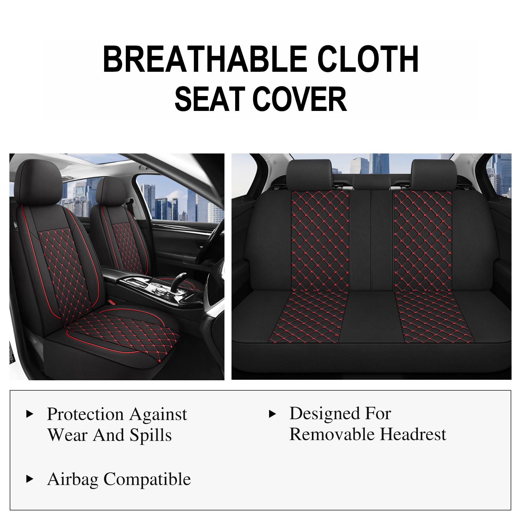 Breathable Car Seat Covers Full Set - Premium Washable Cloth Seat Protectors for Sedan, Van, Truck & SUV - Interior Car Accessories (Black/Red) - Perfect for Daily Commute, Road Trips & Pet Protection
