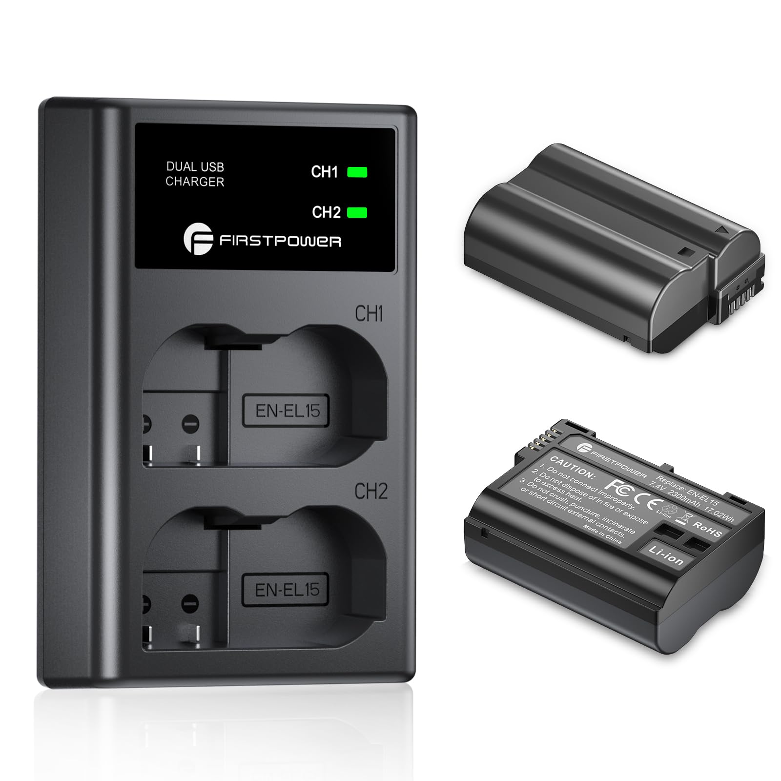 FirstPower EN-EL15/EL15a/EL15b/EL15c Rechargeable Battery 2-Pack with USB Dual Charger - Compatible with Nikon Z6, Z7, D750, D850, D7000 Series & More - Perfect for Travel, Photography Sessions & Professional Shoots