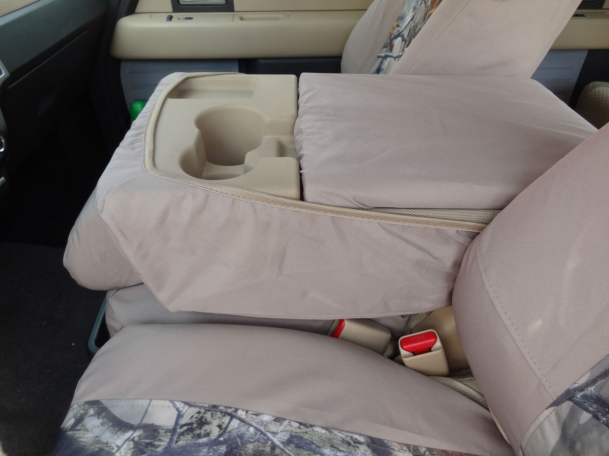 Custom Waterproof Durafit Seat Covers for 2011-2013 Ford F150-F550 Trucks - 40/20/40 Split Front Seat Design with Console Opening in Tan-Camo Endura Fabric | Perfect for Off-Roading, Work Trucks & Outdoor Adventures