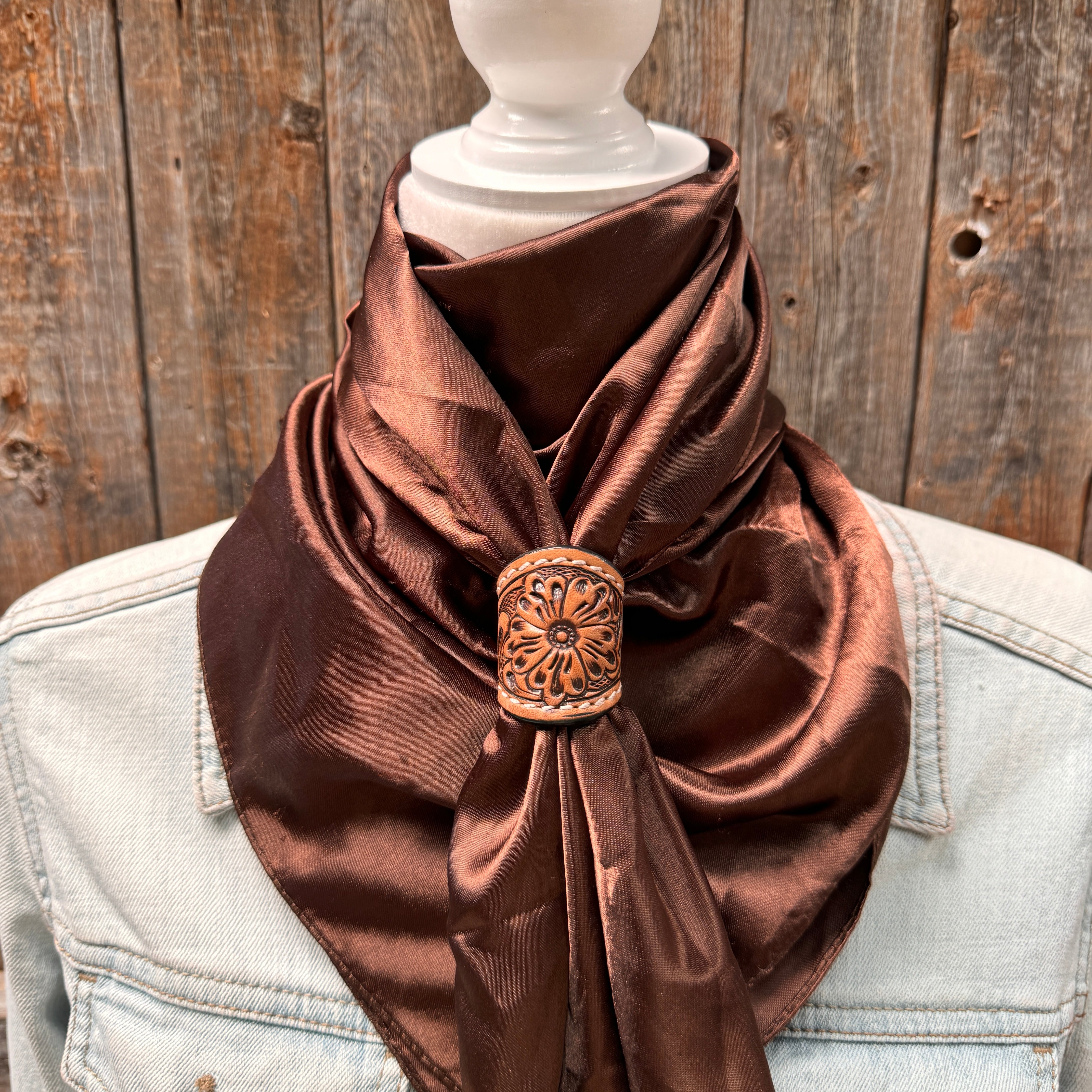 35X35 Solid Brown Wild Rag Scarf with Tooled Leather Slides - Western Style Bandana for Cowboy, Cowgirl, and Outdoor Enthusiasts - Perfect for Rodeo, Horse Riding, and Ranch Work