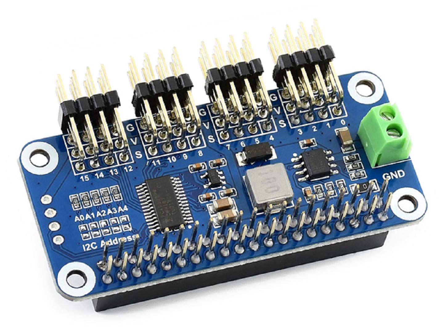 Raspberry Pi Servo Driver HAT (B) - 16-Channel PWM Output, 12-bit I2C Interface for Pi 4B/3B+/3B/2B/A+/Zero/Zero W/WH & Jetson Nano - Onboard Standard Servo Interface with Right Angle Pinheader - Perfect for Robotics, Automation, and DIY Electronics Projects