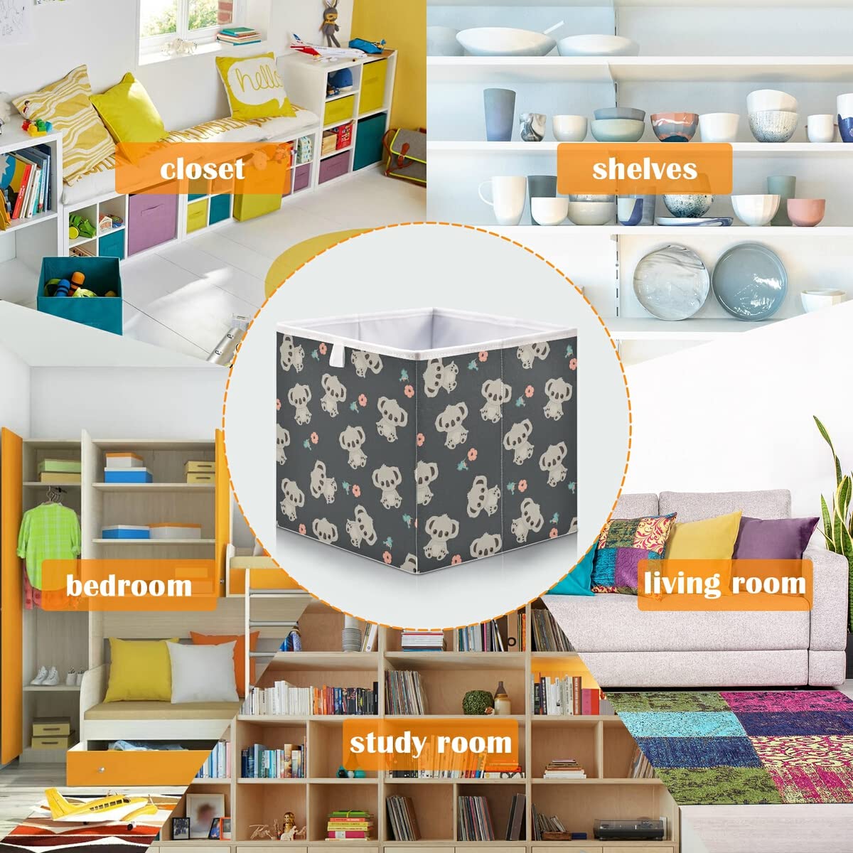 Koala Cube Storage Bin - Collapsible Waterproof Toy Basket for Kids Nursery, Closet, Playroom & Office Organizer (15.75x10.63x6.96 Inches) | Perfect for Toy Storage, Book Organization & Shelf Decor