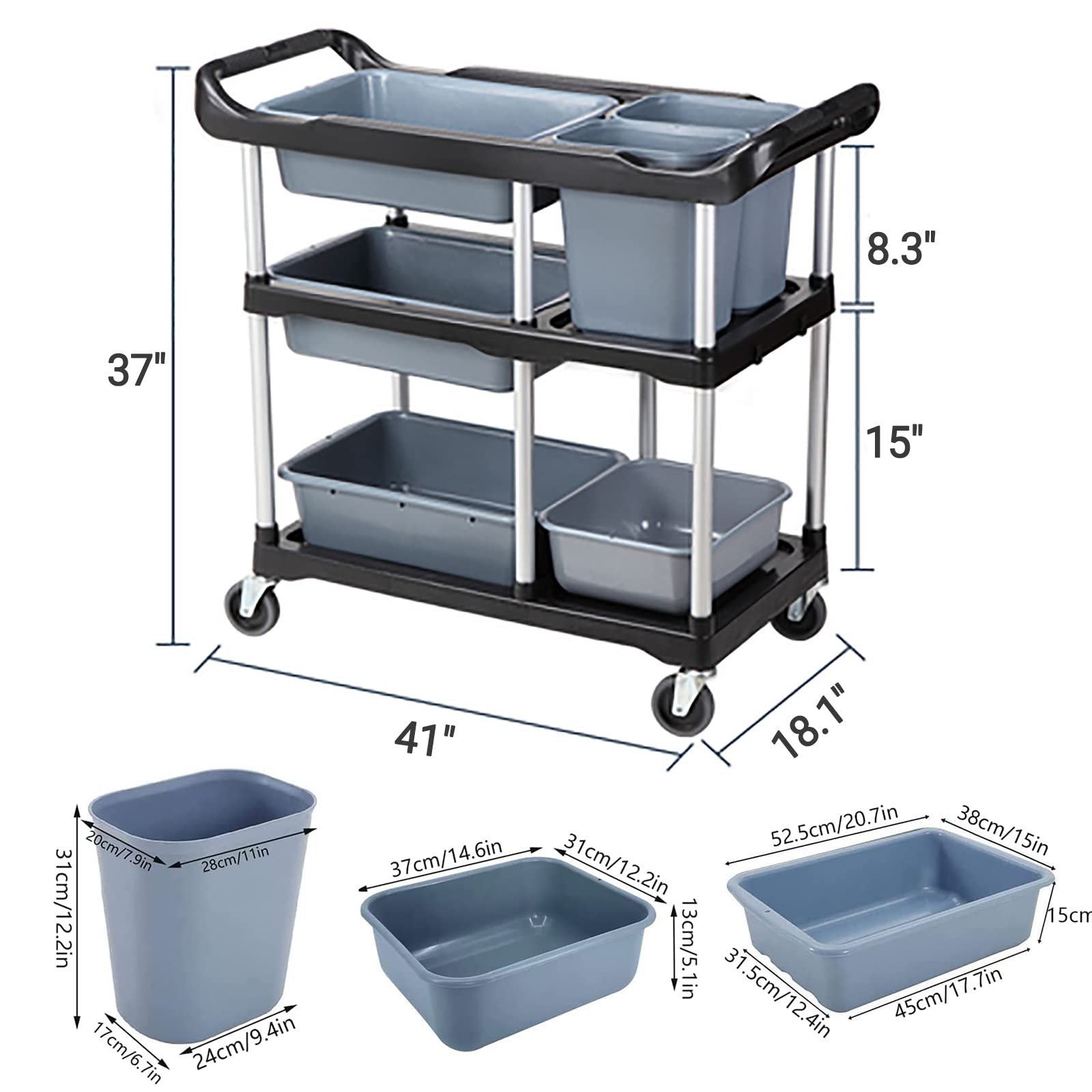 3-Tier Heavy Duty Rolling Utility Cart with Wheels - Commercial Grade Mobile Storage Cart for Kitchen, Bar, Restaurant - Premium Organization Shelving Unit with 4 Basins & 2 Barrels (Black) - Perfect for Food Service, Retail Display & Home Organization