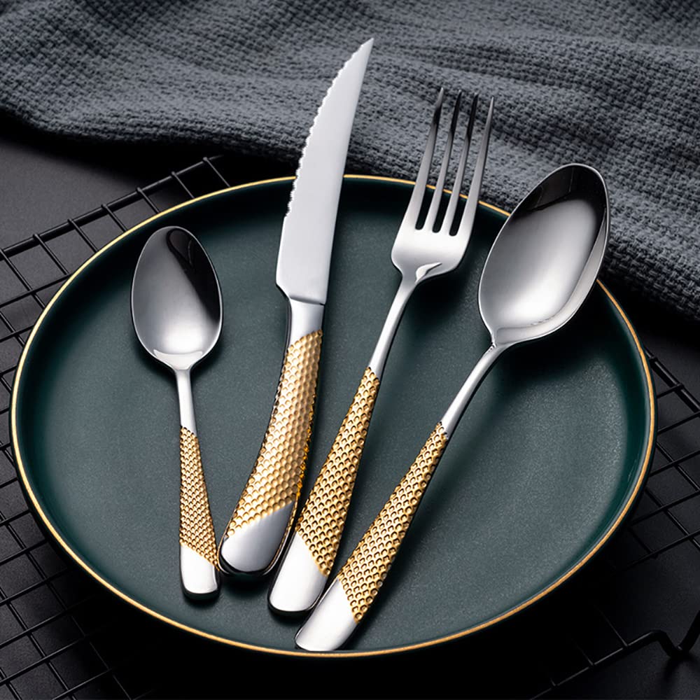 Premium 24-Piece Gold Hammered Silverware Set for 6 - 18/10 Stainless Steel Flatware with Knives, Forks & Spoons - Elegant Tableware for Home, Kitchen, Wedding, Restaurant & Party Dining