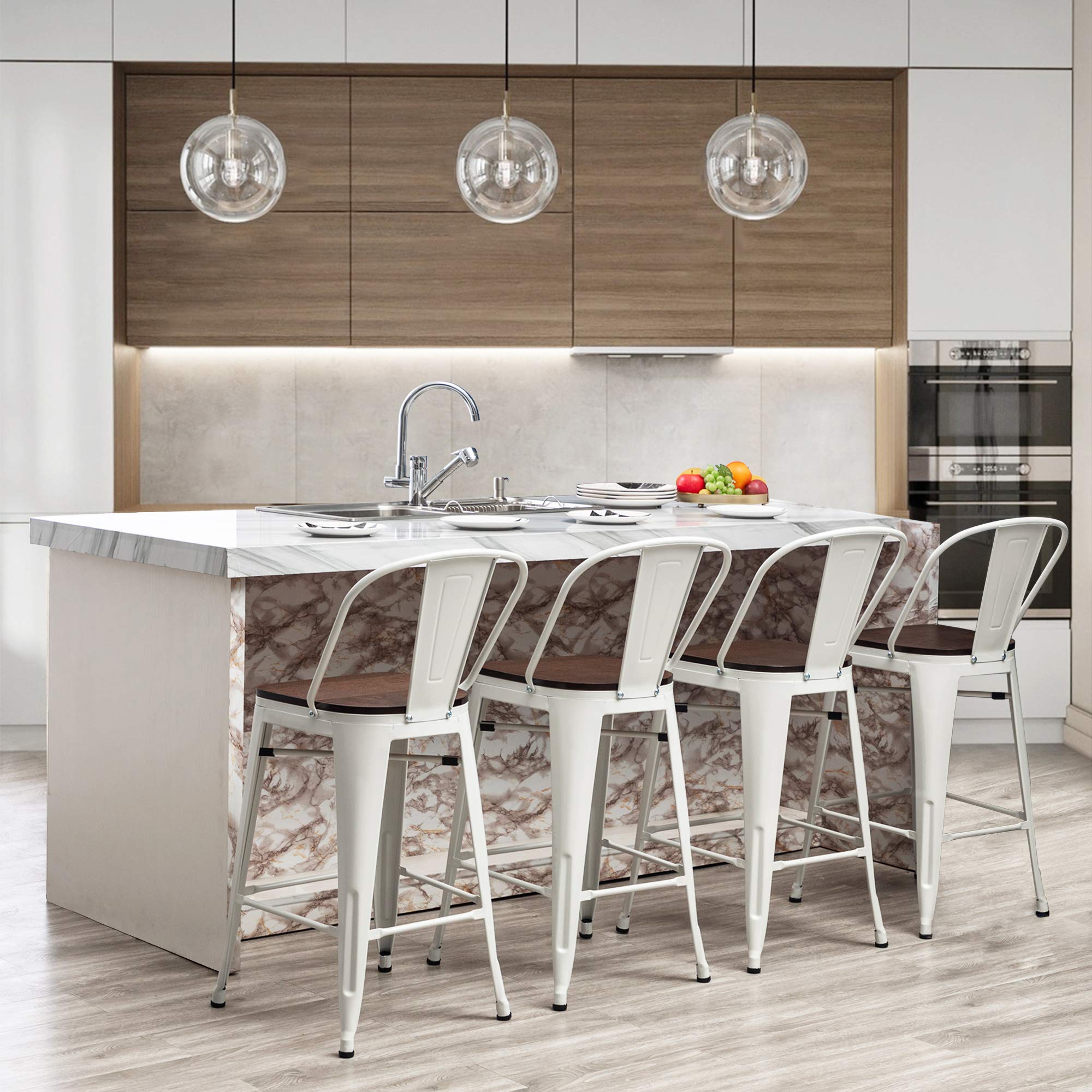 Aklaus 30 Inch Metal Bar Stools Set of 4 - Farmhouse Style Bar Height Stools with Backs & Larger Seat - Modern High Back Kitchen & Dining Chairs in White Cream - Perfect for Home Bars, Kitchen Islands & Breakfast Nooks