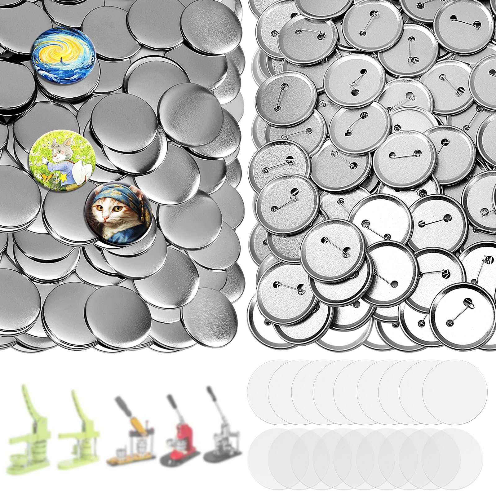 200 Pcs 2.28 Inch (58mm) Button Maker Kit - Metal Blank Buttons, Paper & Clear Film for DIY Pin Badge Making - Perfect for Button Press Machine, Custom Pins, School Projects & Event Giveaways