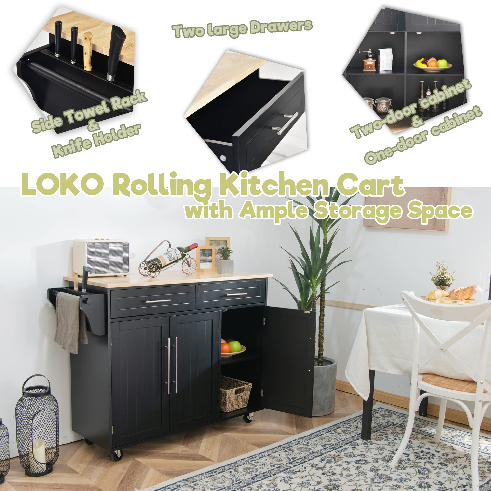 LOKO Large Kitchen Island with Storage - Portable Rolling Kitchen Cart with Rubber Wood Countertop, Adjustable Shelves & Universal Casters - 49 x 18.11 x 36.61 Inches - Perfect for Small Kitchens, Food Prep, and Extra Counter Space