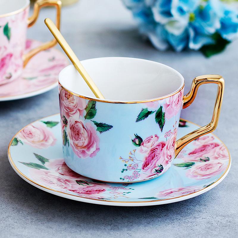 Elegant Blue Porcelain Coffee Cups with Gold Trim & Gift Box - British Tea Cups Set, Rose Flower Tea Cups & Saucers for Latte, Espresso & Afternoon Tea - Perfect for Gifts, Bridal Showers & Coffee Lovers