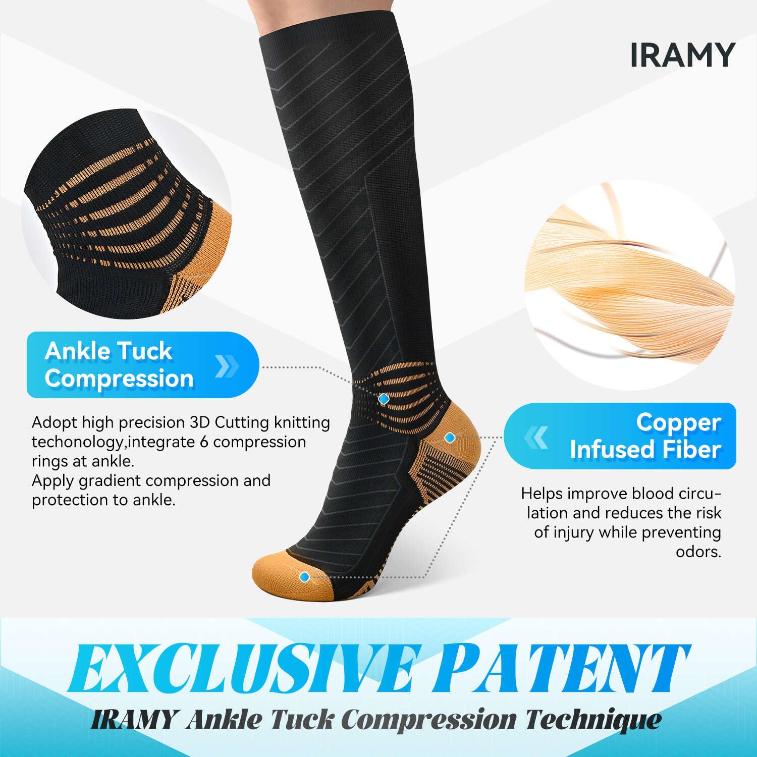 IRAMY Copper Compression Socks for Men & Women - 3 Pairs Knee High Socks with V-Shape Gradient, Ankle Support & Coolmax Technology - Ideal for Running, Travel & Varicose Vein Relief