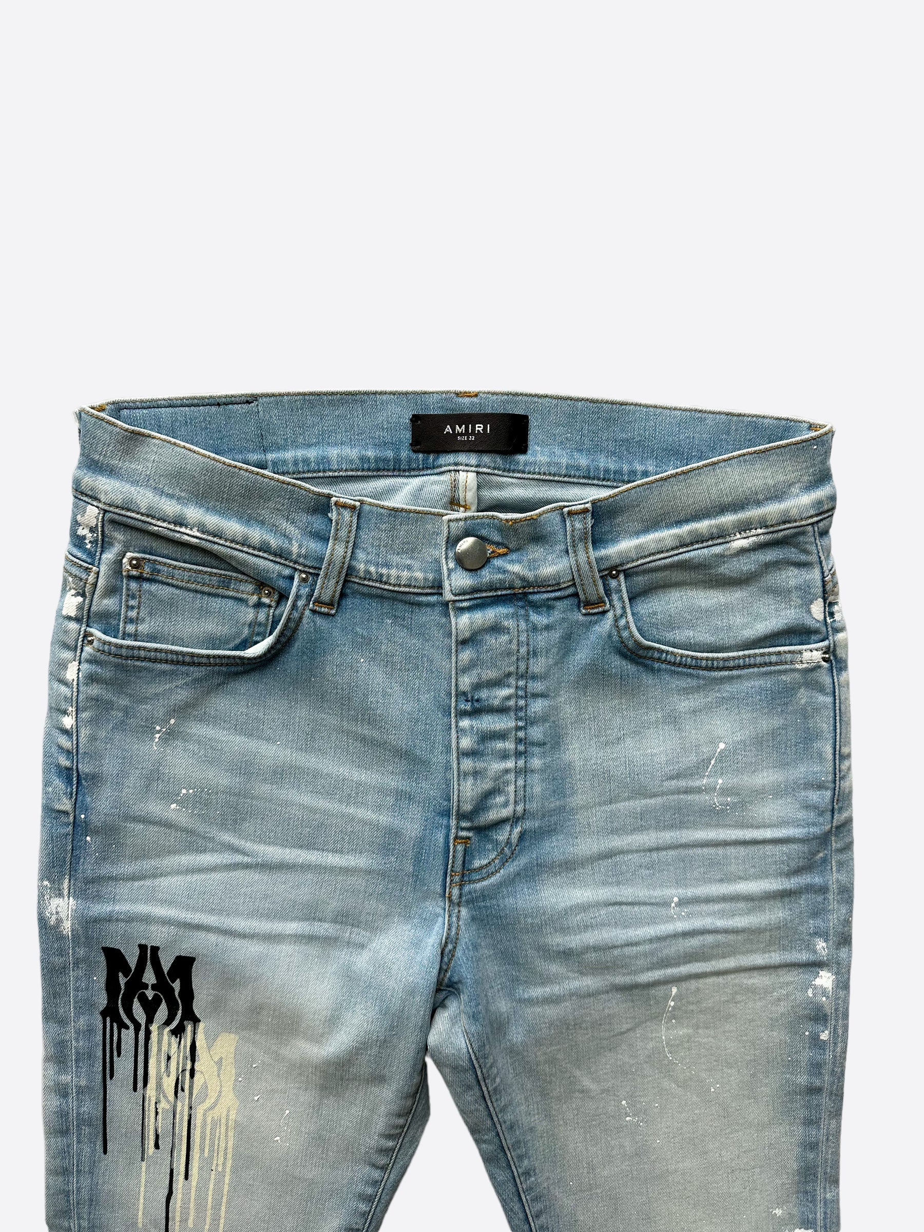 Amiri Blue MA Logo Stencil Jeans - Distressed Denim Pants for Men | Streetwear Fashion | Perfect for Casual Outfits & Night Out