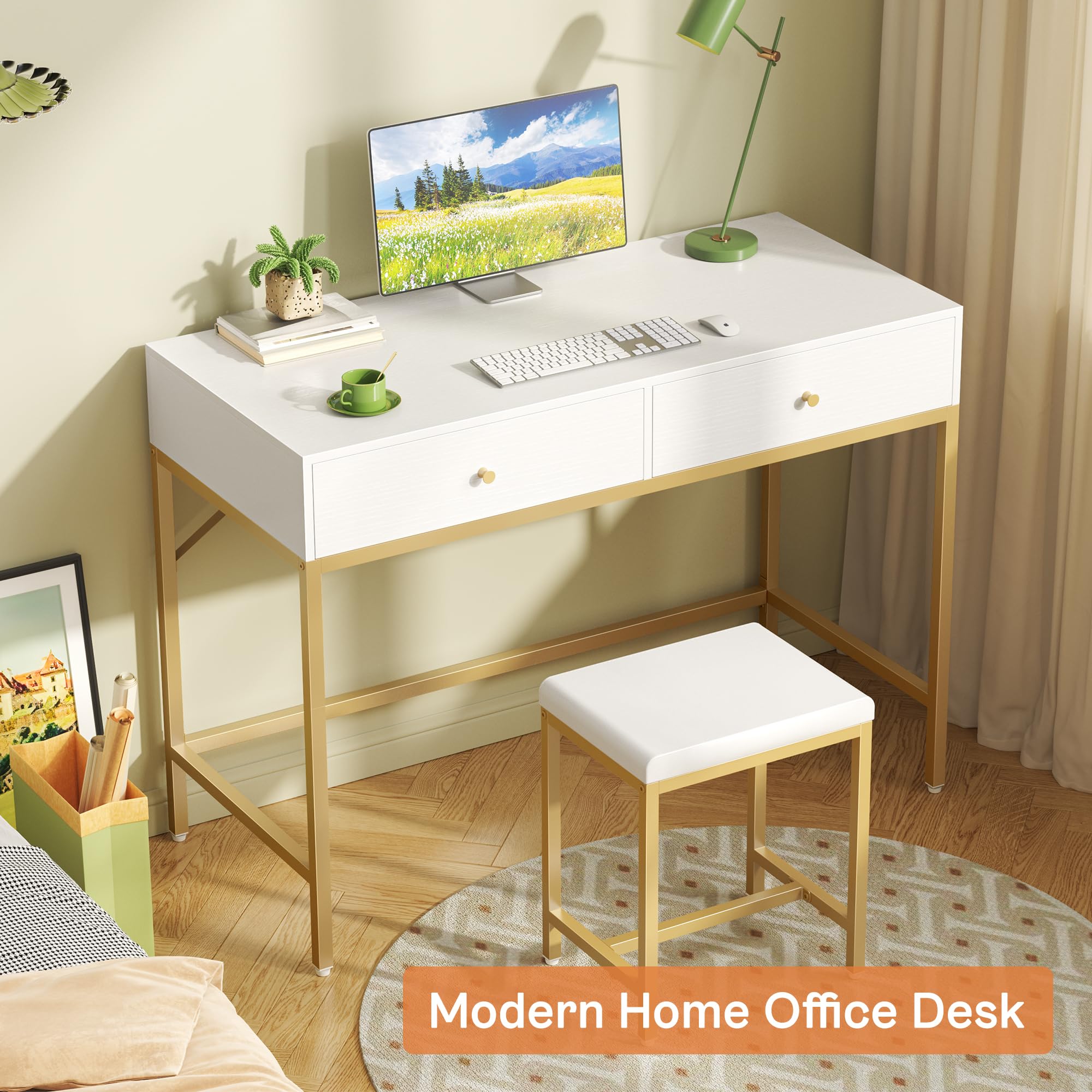 SUPERJARE 35.4 Inch White and Gold Modern Vanity Desk with 2 Drawers & Padded Stool - Elegant Makeup Dressing Table, Compact Computer Desk for Home Office, Study, Bedroom | Perfect for Small Spaces, Makeup Application, Remote Work & Study Sessions