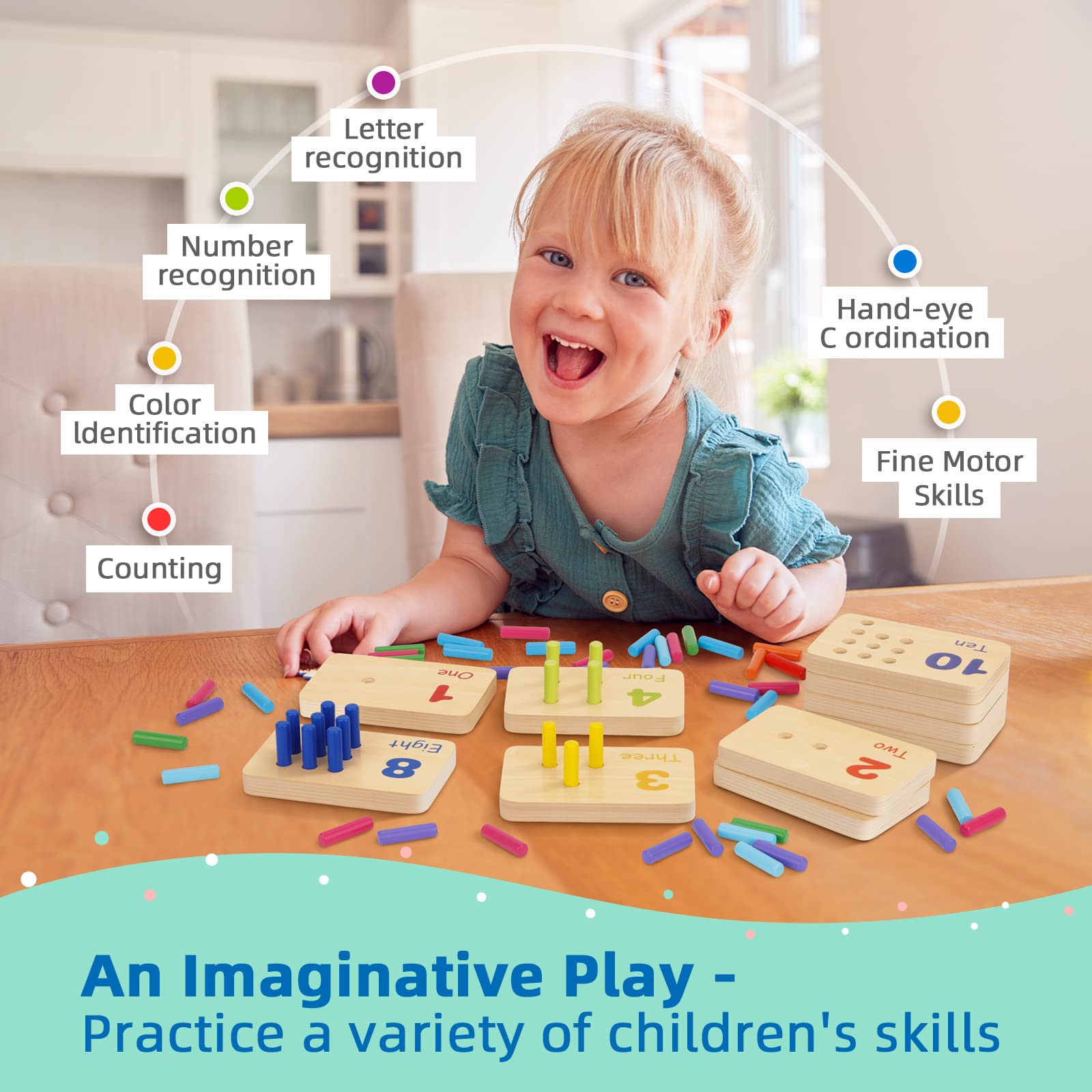 TOOKYLAND Montessori Wooden Peg Board Toy - 55 Counting Pegs for Toddlers, Kids Math Learning, Kindergarten Activities | Educational Number Manipulatives for Early Childhood Development & Homeschooling