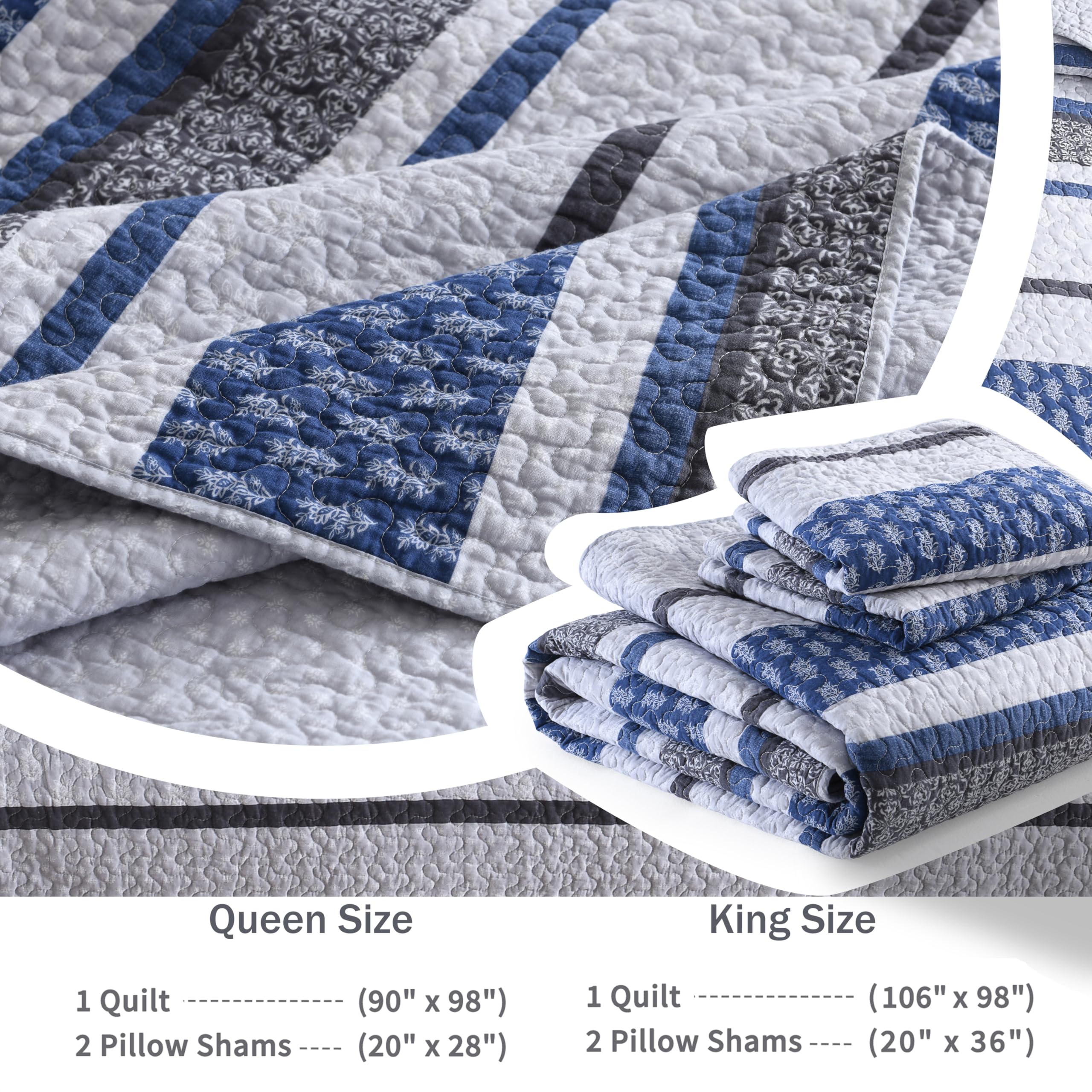 Homzard 100% Cotton Queen Size Quilt Bedding Set - Lightweight Farmhouse Comforter with 2 Pillow Shams, Gray Blue Bedspread (90x98 Inches) | All-Season Cozy Bedding for Master Bedroom, Guest Room & Farmhouse Decor