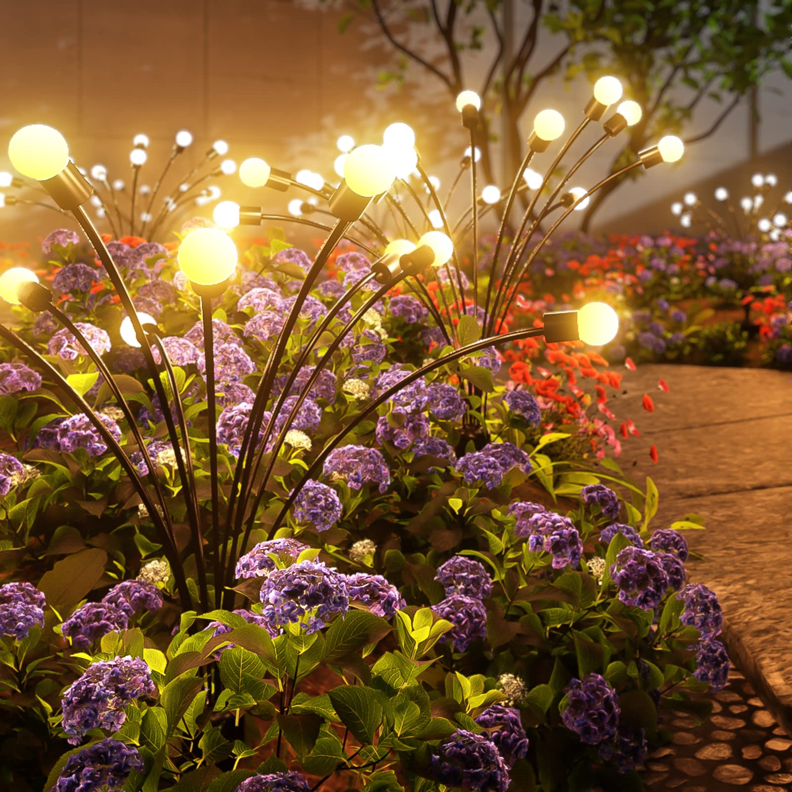 Solar Powered Garden Lights 2-Pack - 11 LED Waterproof Outdoor Lights with Firefly Flash & Starburst Modes, Warm White Solar Landscape Lighting for Patio, Yard, Pathway, and Garden Decor