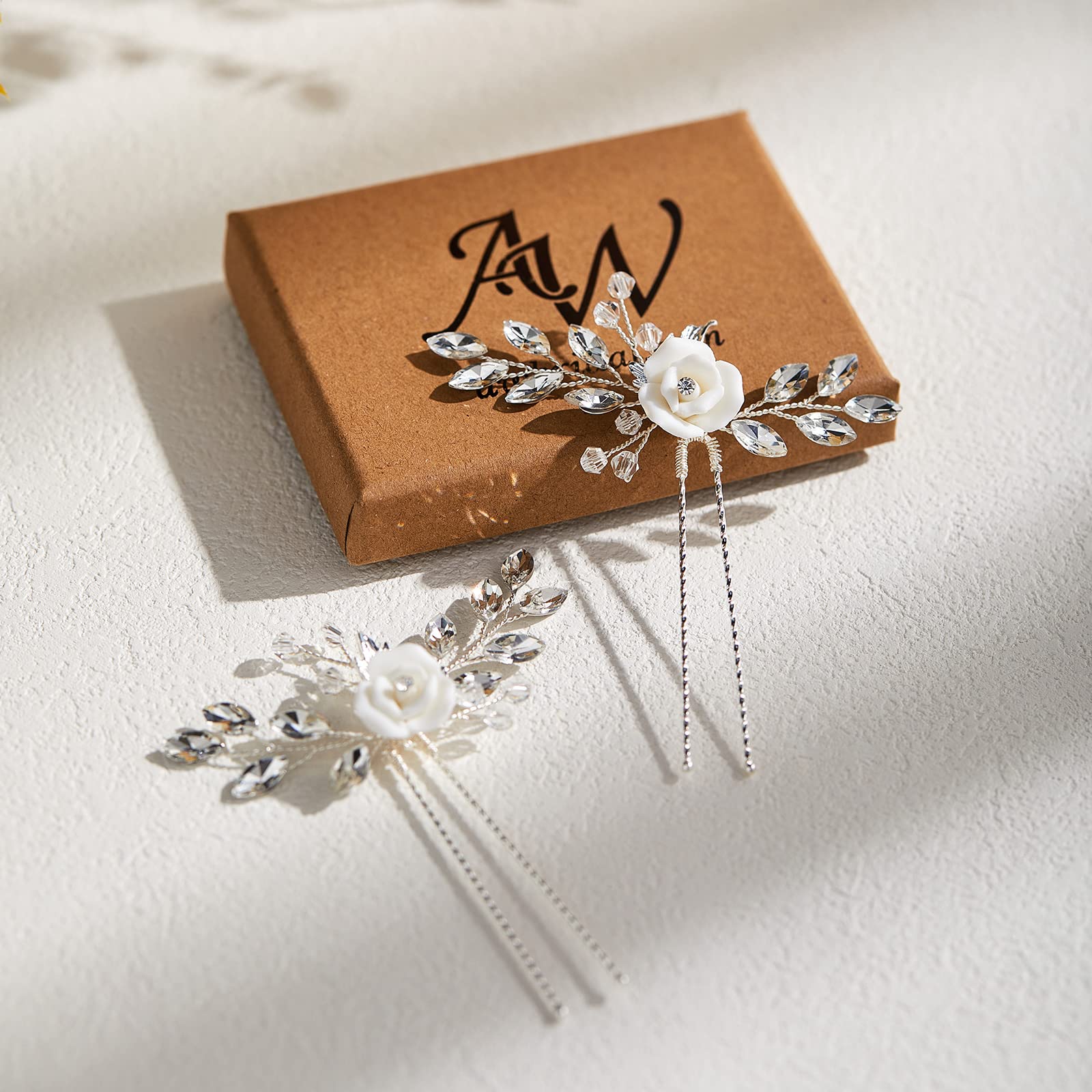 AW BRIDAL 2-Piece White Floral Hair Clips Set - Rhinestone Wedding Hair Combs & Pins for Brides, Bridesmaids & Women (Silver) | Perfect for Weddings, Proms & Special Occasions