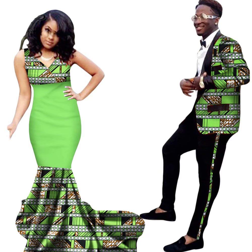 Elegant African Print Wedding Dresses for Women & Matching Men's Blazer Sets - Sexy V-Neck Skirt Outfits for Couples | Perfect for Bridal Parties, Anniversary Celebrations & Formal Events