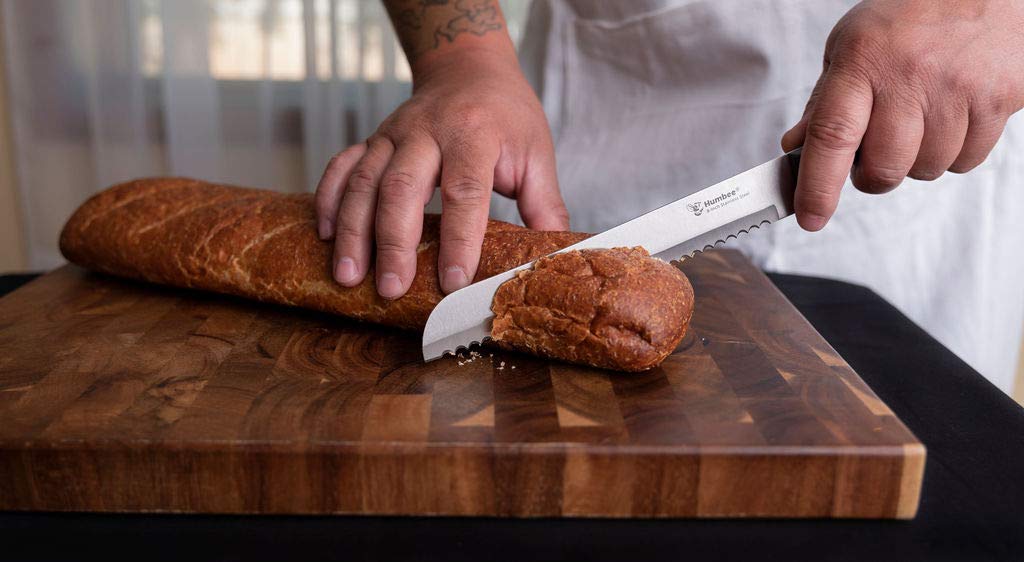 8 Inch Serrated Bread Knife with Wave Edge - Black Blade for Slicing Bread, Cakes, and Pastries - Perfect for Home Kitchens and Bakeries