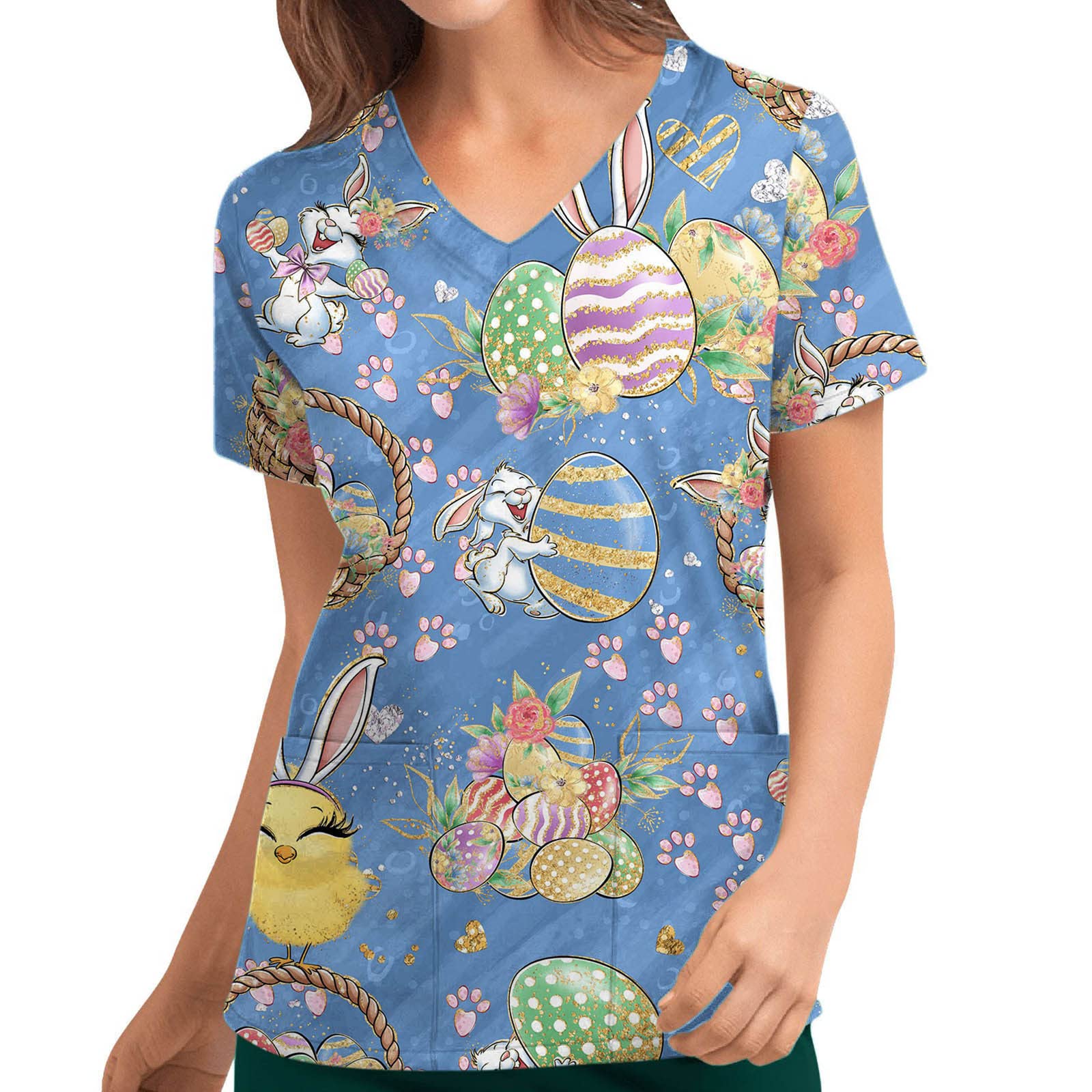 Easter Scrub Tops for Women - Cute Animal Print Short Sleeve V-Neck Medical Uniform with Pockets | Comfortable Nurse Workwear for Easter & Spring Season | Perfect for Hospitals, Clinics & Healthcare Professionals