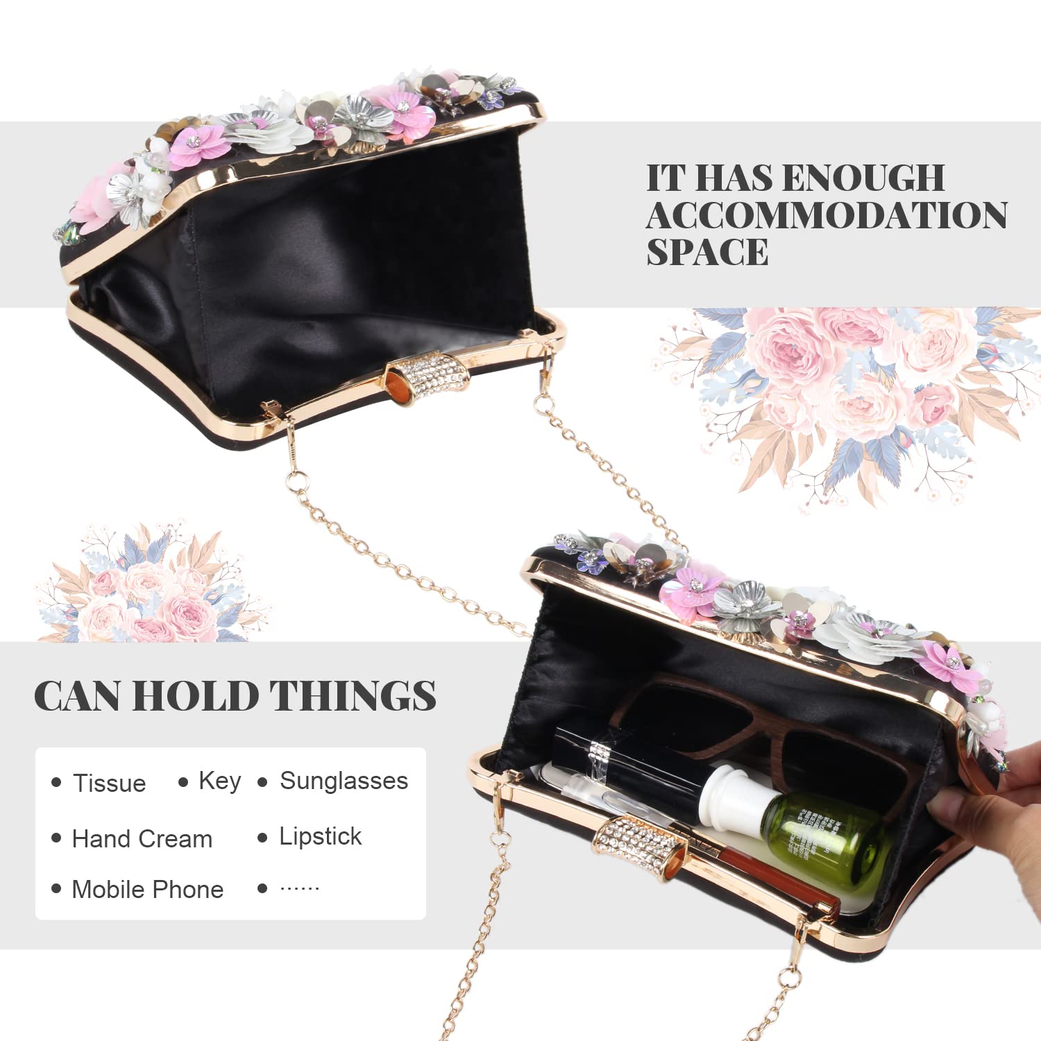 Stylish Women's Floral Evening Handbags with Rhinestones - Elegant Clutch Purse for Bride, Wedding & Party - Chain Shoulder Bag for Special Occasions | Perfect for Prom, Cocktail Events & Formal Gatherings