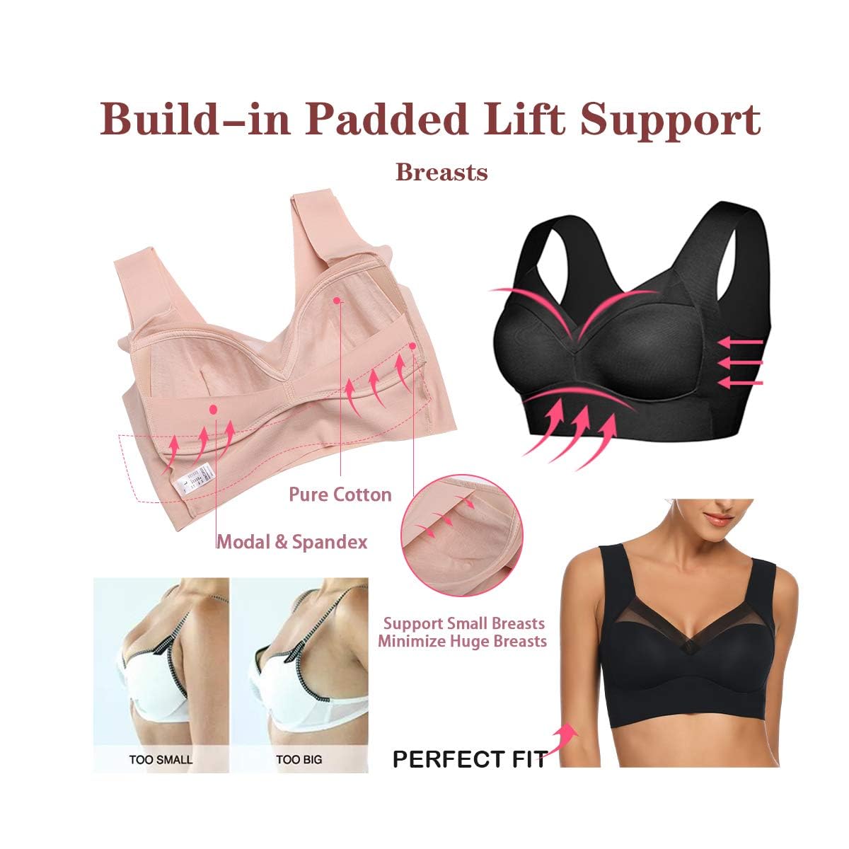 WOWENY Wireless Comfort Bras for Women - Seamless, Soft Padded, Breathable Mesh, Smoothing Support - Perfect for Yoga, Workouts & Everyday Wear