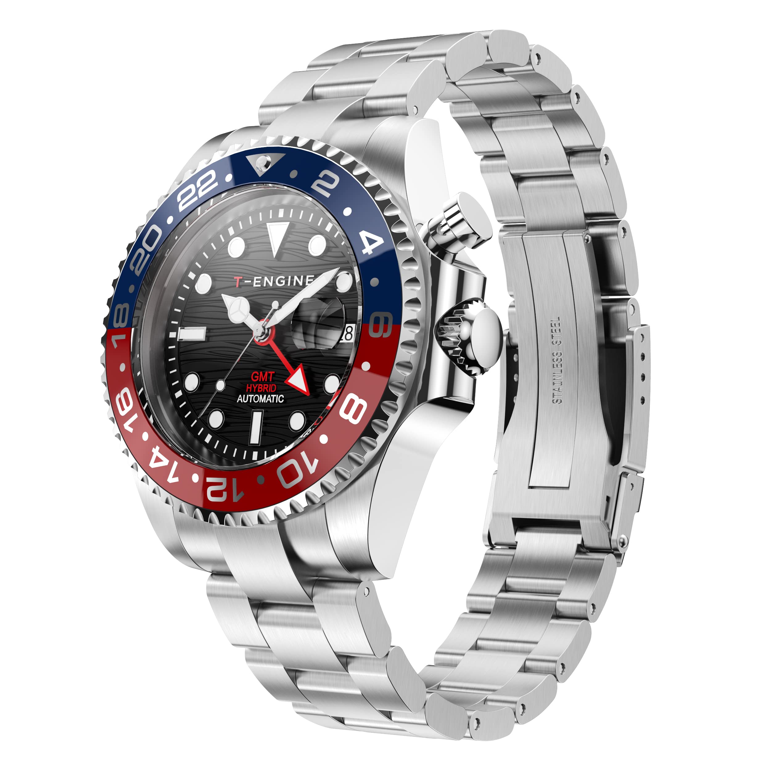 Men's T-ENGINE GMT Watch - 10ATM Waterproof, Dual Time, Auto-Charged for Travel & Business