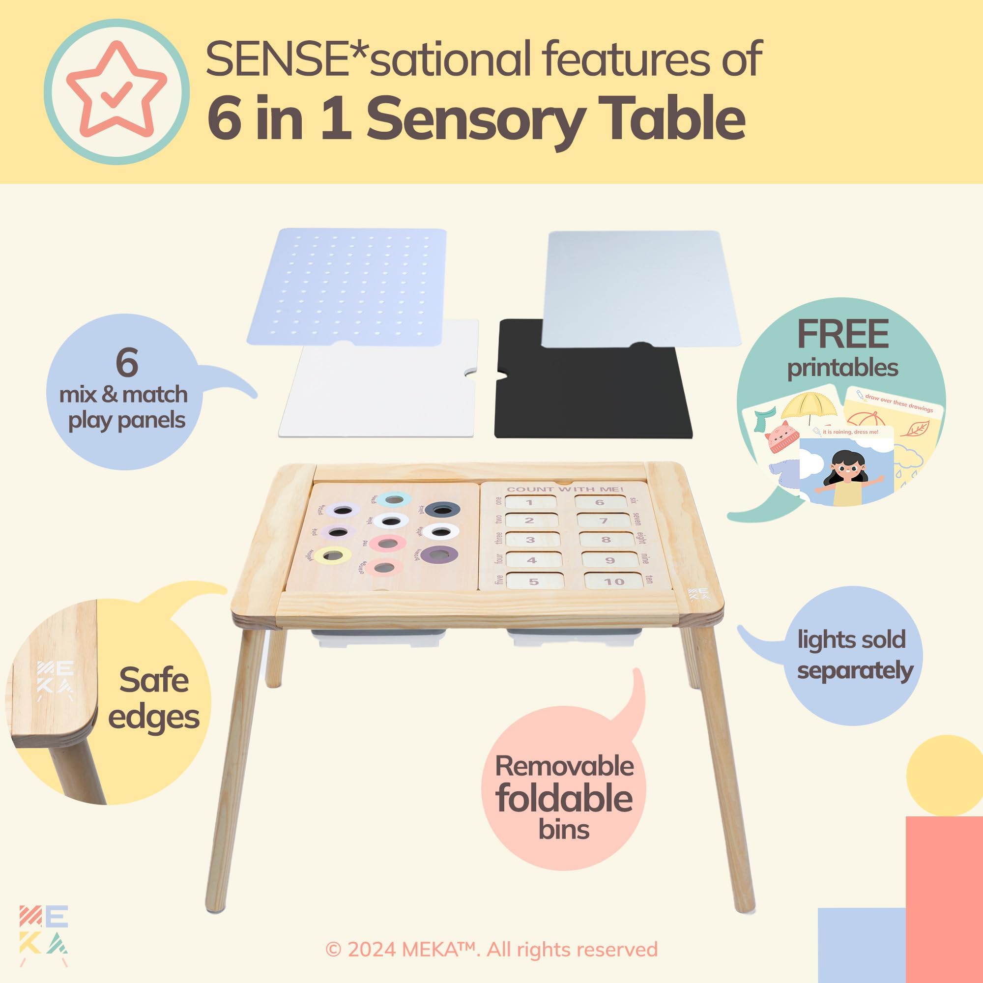 MEKA 6-in-1 Sensory Light Table for Toddlers Age 3-5 - Wooden Kids Activity Table with 2 Sensory Bins & 6 Play Panels - Multi-Use Educational Toy for Preschool Learning, Sensory Play & Creative Development - Perfect for Daycare Centers, Homeschooling & Indoor Playrooms