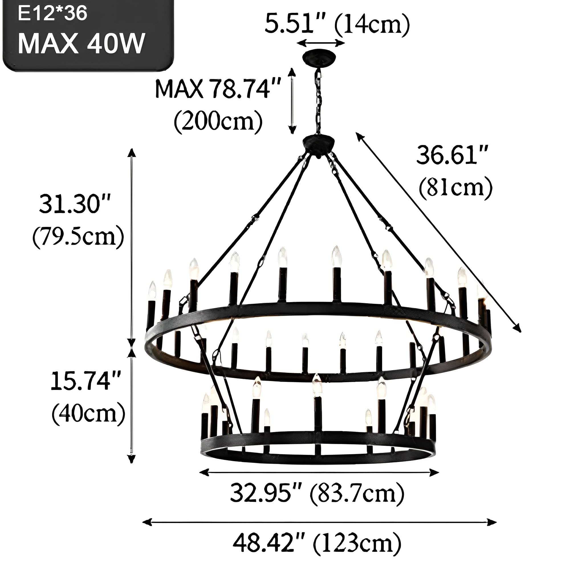 48 Inch Large Black Wagon Wheel Chandelier - 2 Tier 36-Lights Farmhouse Industrial Country Style Round Pendant Light Fixture for Dining Room Kitchen | Rustic Ceiling Lighting for Farmhouse, Barn, Restaurant & Cabin Decor