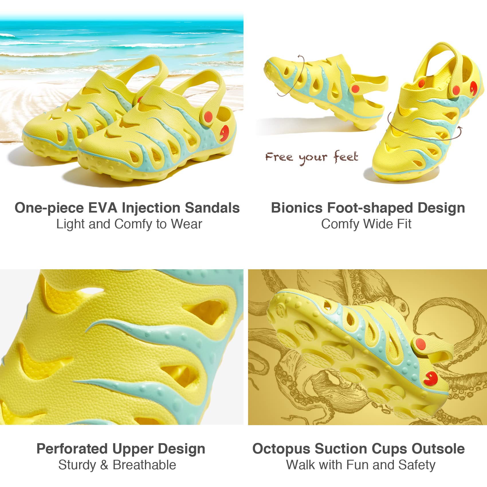 UIN Women's Slip-On Clogs - Comfortable Garden Shoes for Beach, Outdoor & Casual Wear - Non-Slip Sandals with Octopus Design - Perfect for Gardening, Walking & Summer Activities