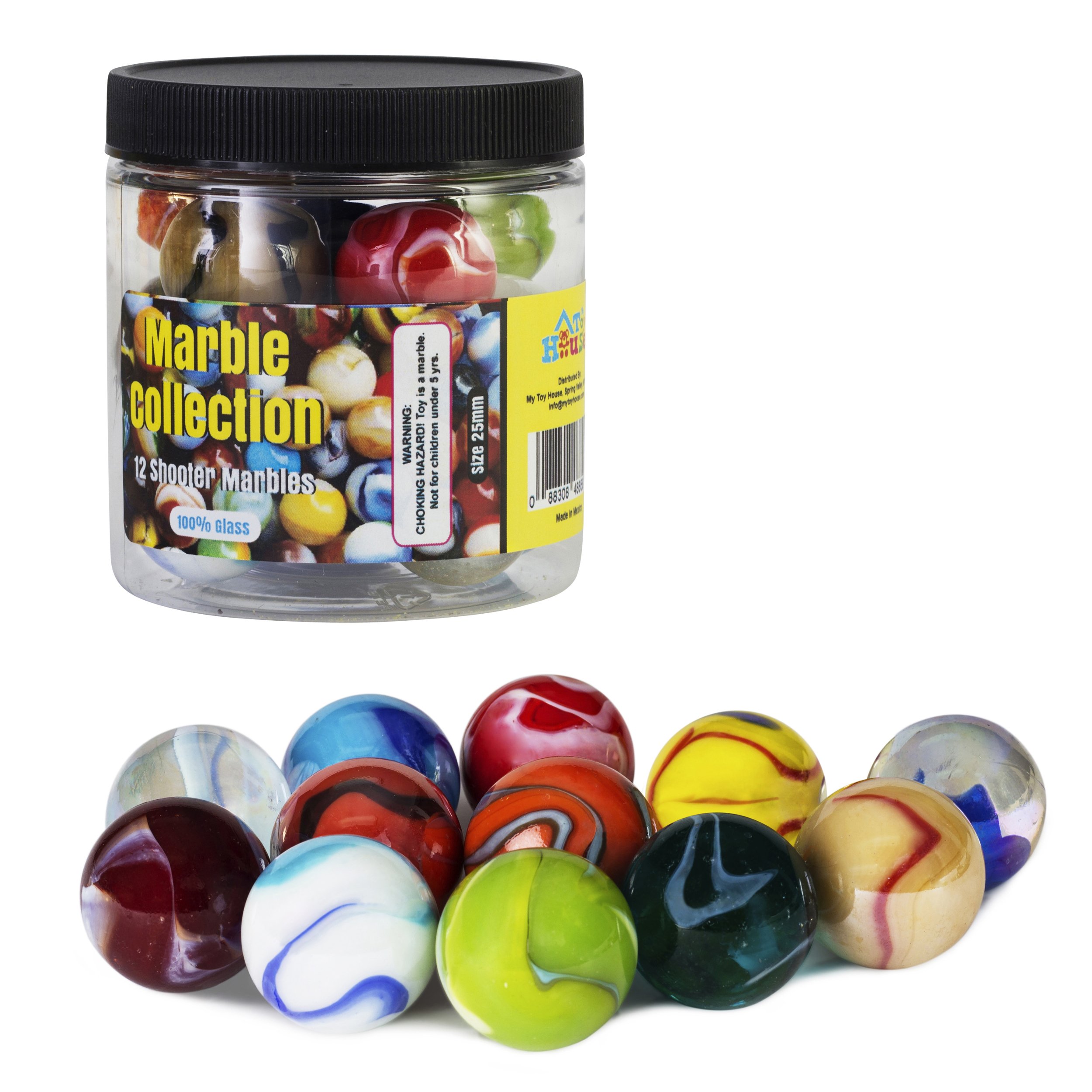 12-Pack 1-Inch Assorted Color Shooter Glass Marbles with Storage Jar - Perfect for Kids Games, DIY Crafts & Home Decor
