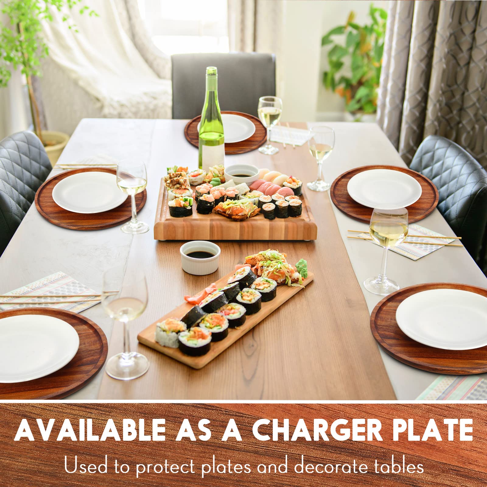 10-Piece Acacia Wood Round Charger Plates Set - 12 Inch Natural Wooden Dinner Plates, Lightweight Serving Trays for Dishes, Snacks & Desserts - Easy to Clean, Bulk Wood Platters for Parties, Weddings & Home Decor