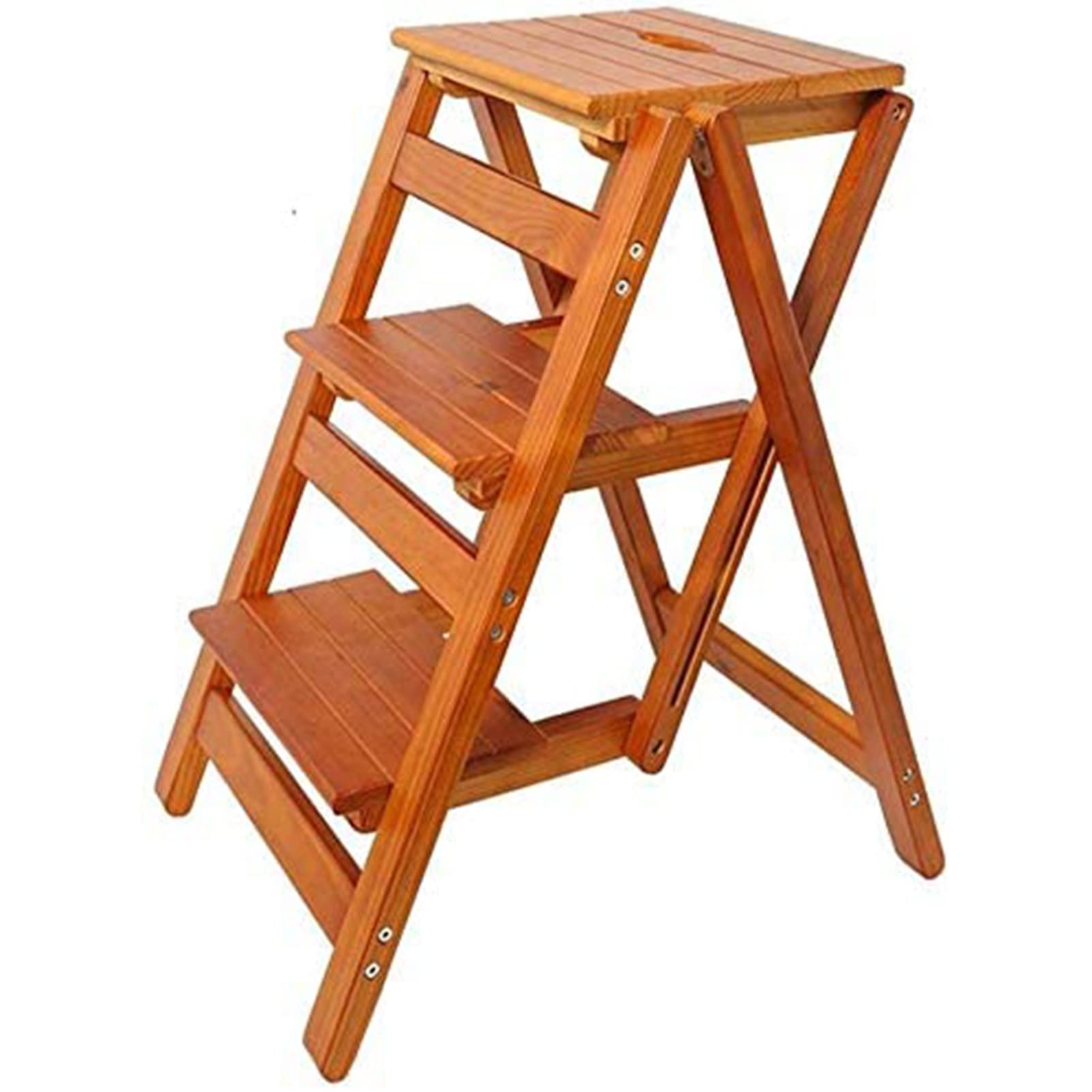 XHALERY Solid Wood Folding Step Stool Ladder - Wooden Foldable Step Stool Chair with Non-Slip Feet for Kitchen, Bathroom, and Home Use (Natural Wood Color)