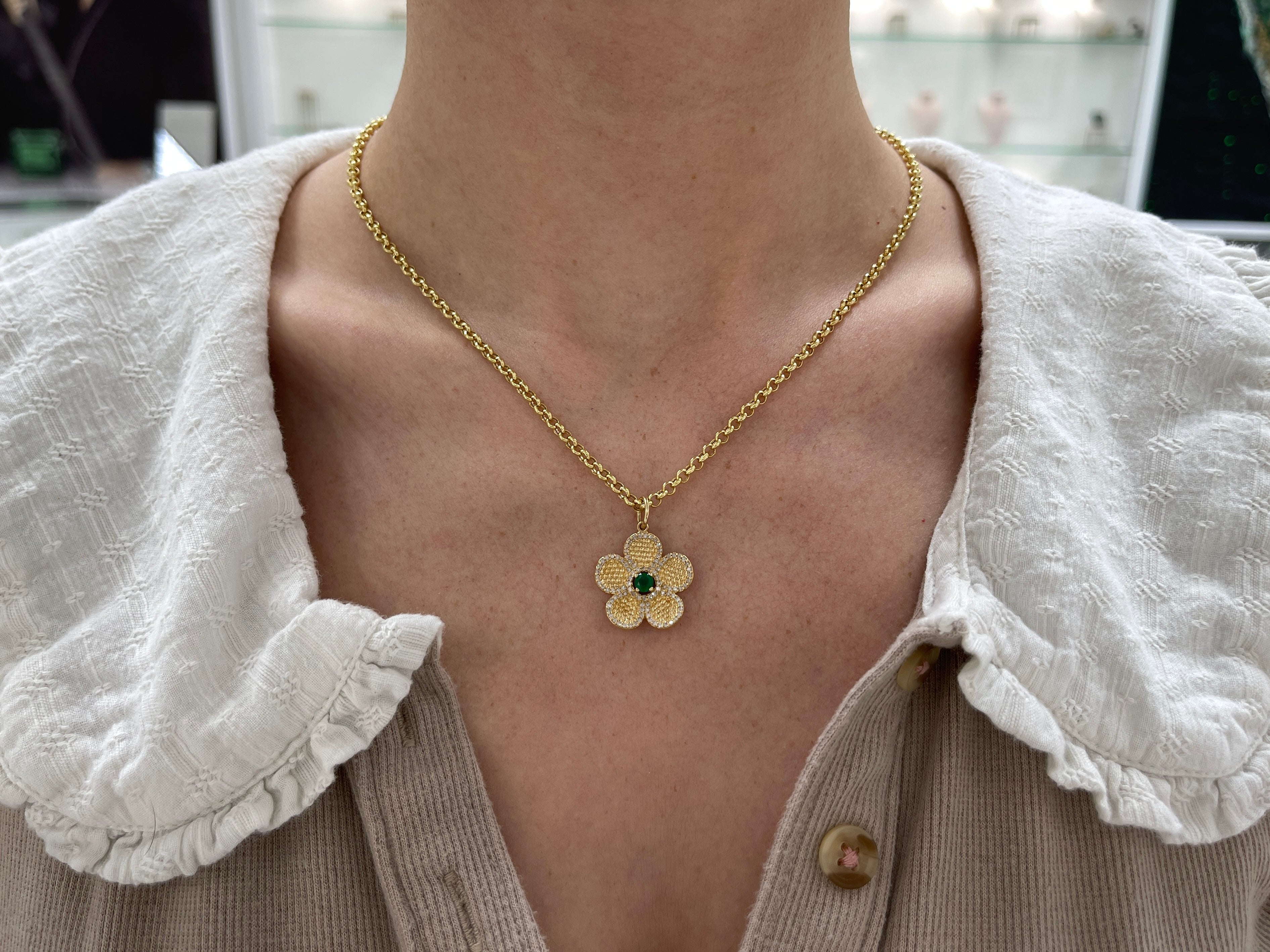 0.58tcw 14K Gold Emerald and Diamond Flower Pendant Necklace - Elegant Floral Jewelry for Women, Perfect Gift for Mother's Day, Anniversary & Special Occasions