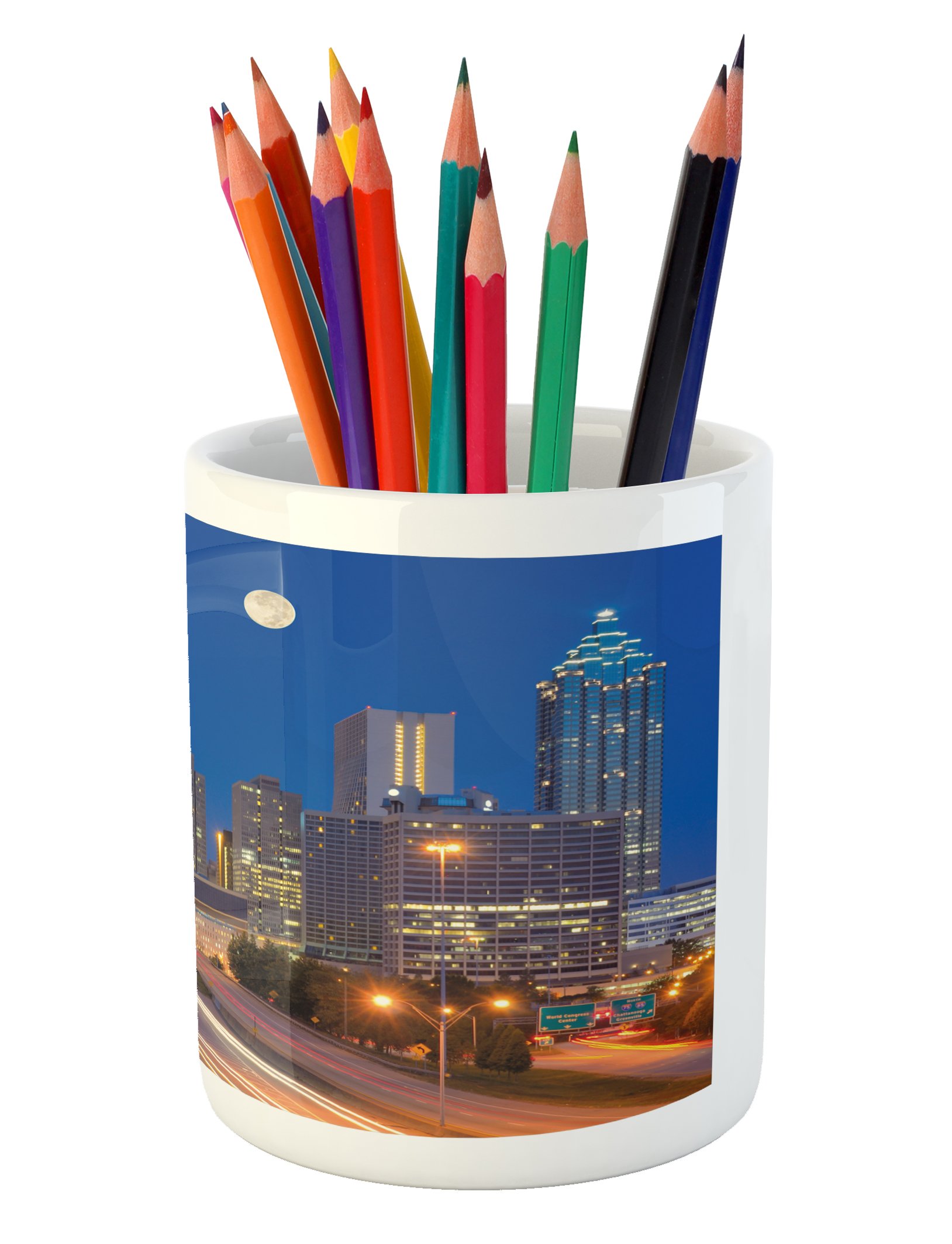 Lunarable Ceramic Pen Holder - Cosmopolitan Cityscape with Skyscrapers at Night in Atlanta Georgia, Printed Office Desk Accessory - Perfect for Home Office, School & Gift Giving