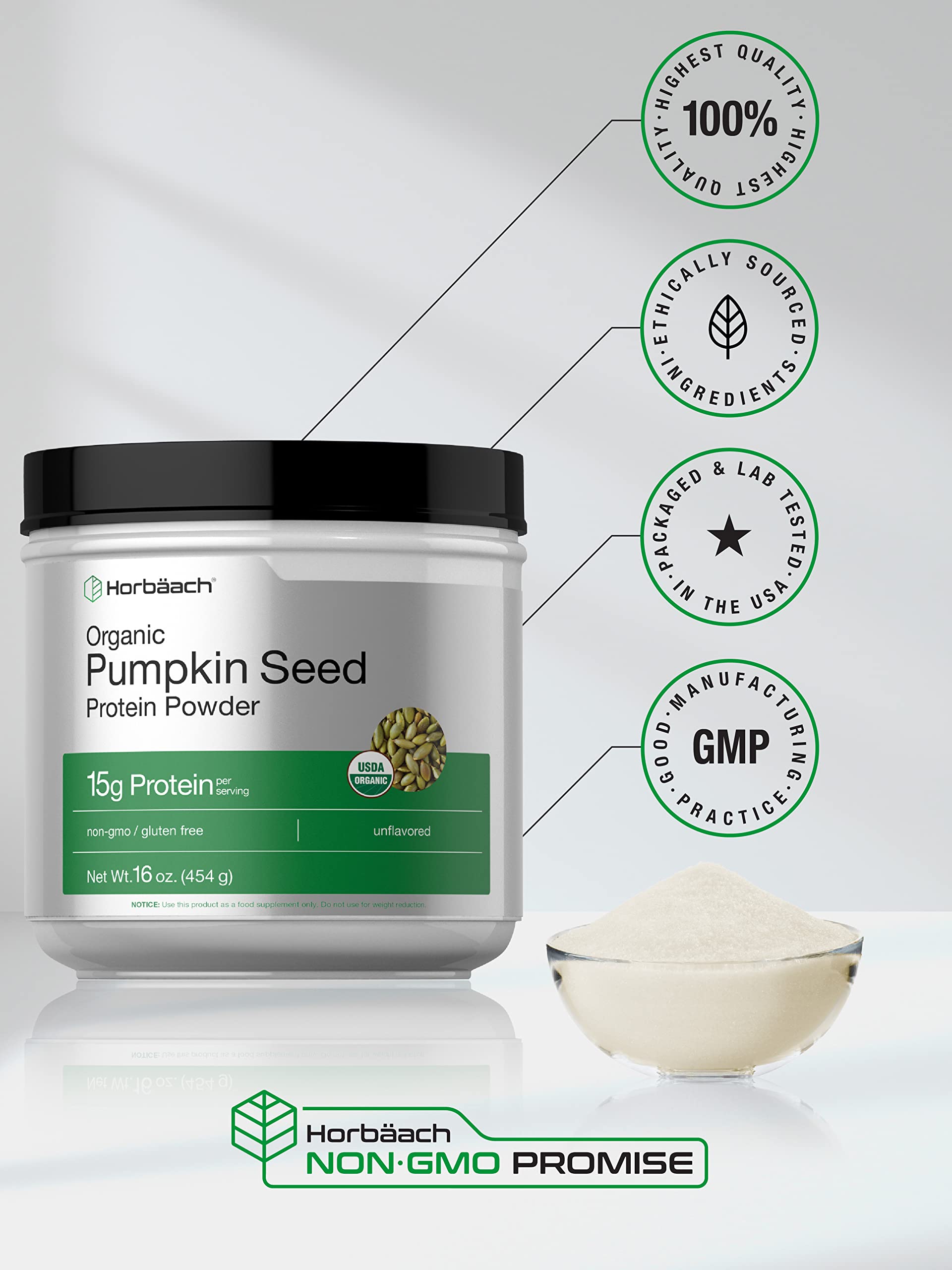 Horbäach Organic Pumpkin Seed Protein Powder | 16 oz | Vegetarian, Gluten Free, Non-GMO, Keto & Paleo Friendly | 15g Plant-Based Protein per Serving | Supports Muscle Recovery & Post-Workout Nutrition