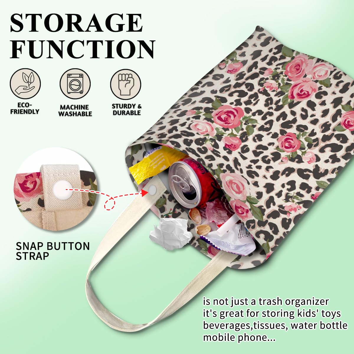 Cute Pink Rose & Leopard Car Trash Can - Hanging Auto Garbage Bag with Storage Pockets - Vehicle Organizer for Travel, Camping & Road Trips - Perfect for Sedans, SUVs and Family Cars