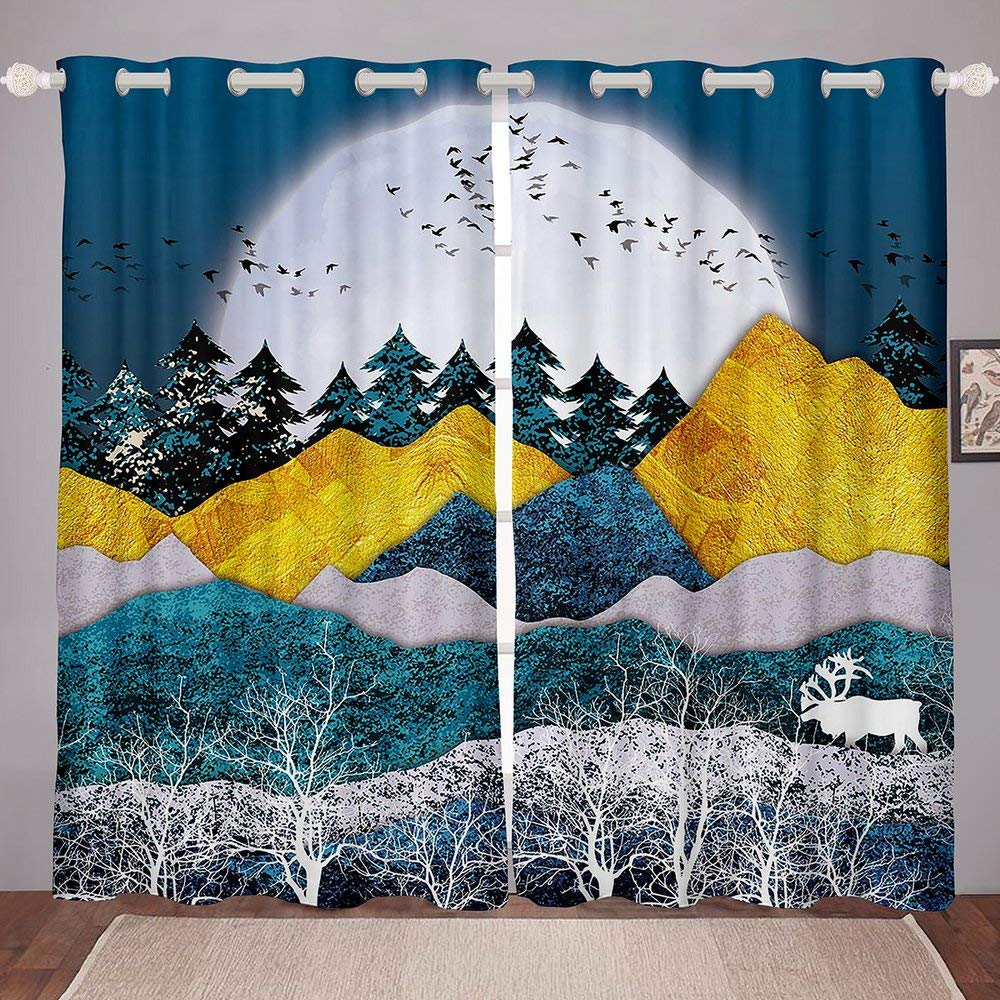 Manfei Mountain Window Curtains - Cartoon Mountain Trees Moon Birds Print Drapes for Living Room, Modern Grommet Top Microfiber Fabric (2 Panels, 104Wx84L) - Perfect for Bedroom, Nursery & Home Decor