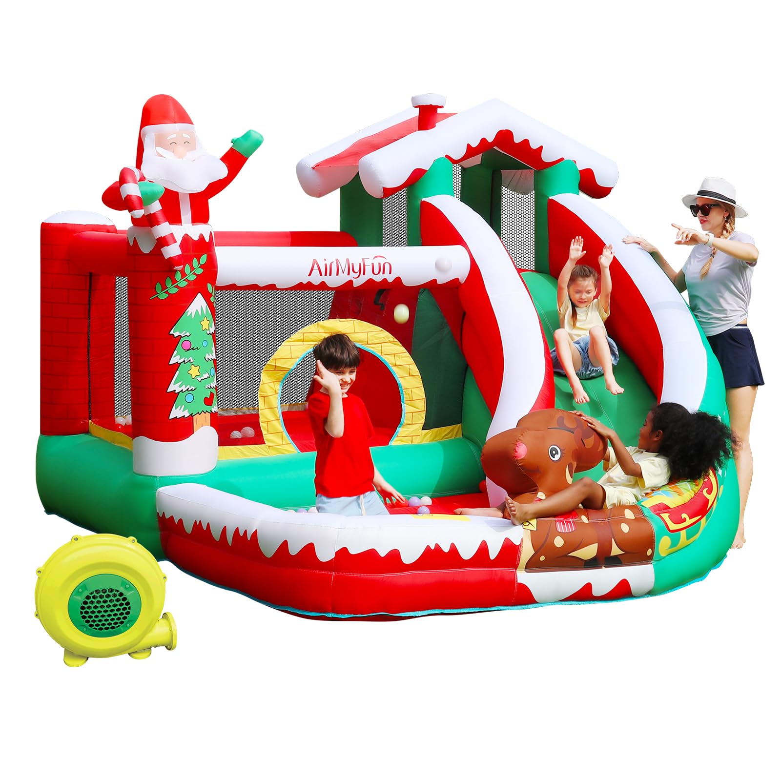 Inflatable Christmas Bounce House with Slide - Santa Claus Snow Bouncy Castle for Kids Outdoor Party | Includes Air Blower | Perfect for Holiday Celebrations, Birthday Parties & Backyard Fun