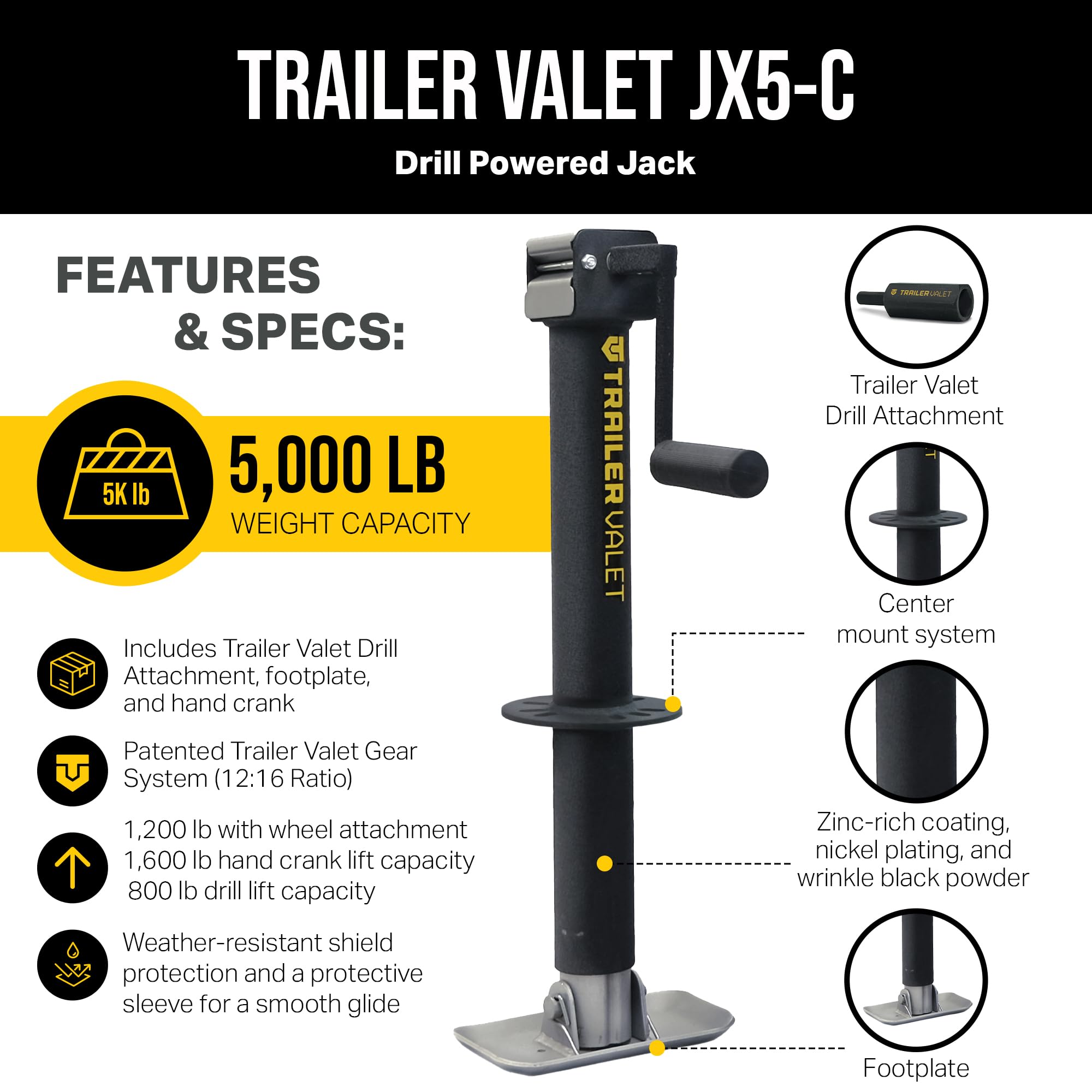 Trailer Valet TVJX5-C Drill Powered Trailer Jack with Adapter - Heavy Duty 5000lb Capacity Center Mount Trailer Jack - Perfect for RV, Boat & Utility Trailers