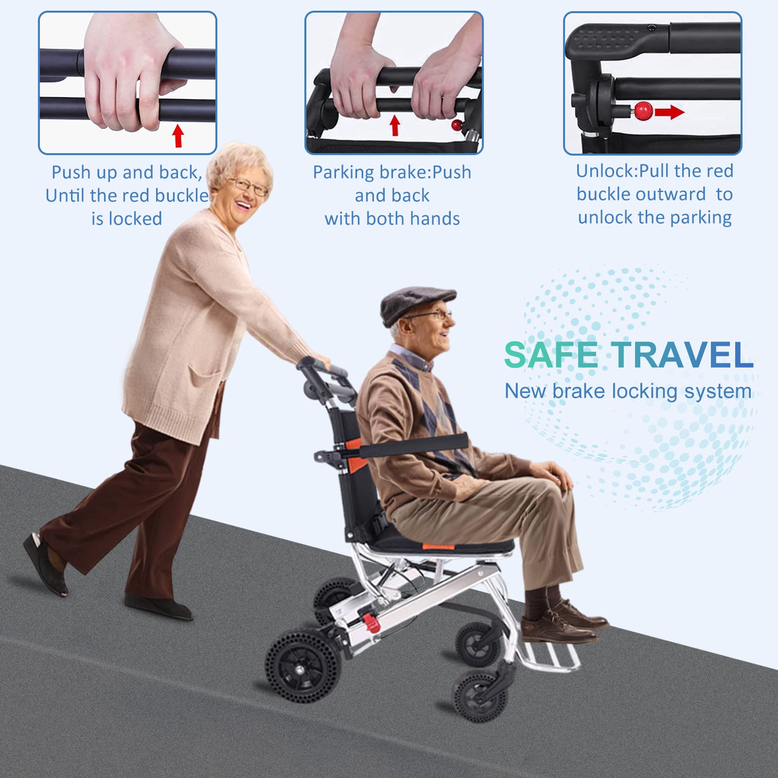 Lightweight Folding Wheelchair for Adults & Elderly - Portable Travel Wheelchair with Handbrake, Aluminum Frame for Airplane & Daily Use - Ideal for Seniors, Disabled & Hospital Transport