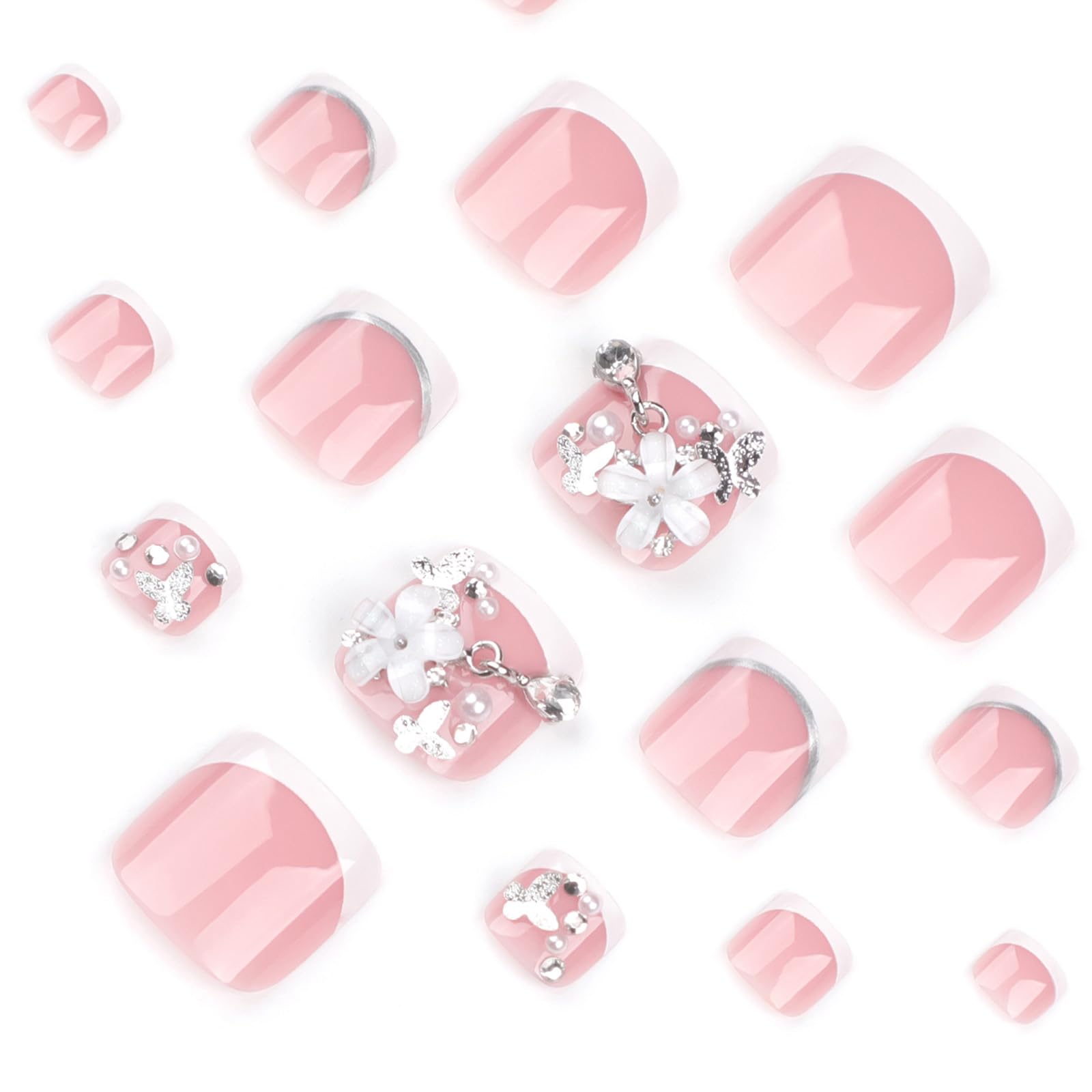 3D White Flower French Tip Press On Toenails - Short Square Fake Toenails with Pearl Accents | Glossy Full Cover False Nails for Summer Pedicure Decorations | Perfect for Beach Vacations, Weddings & Nail Art Enthusiasts